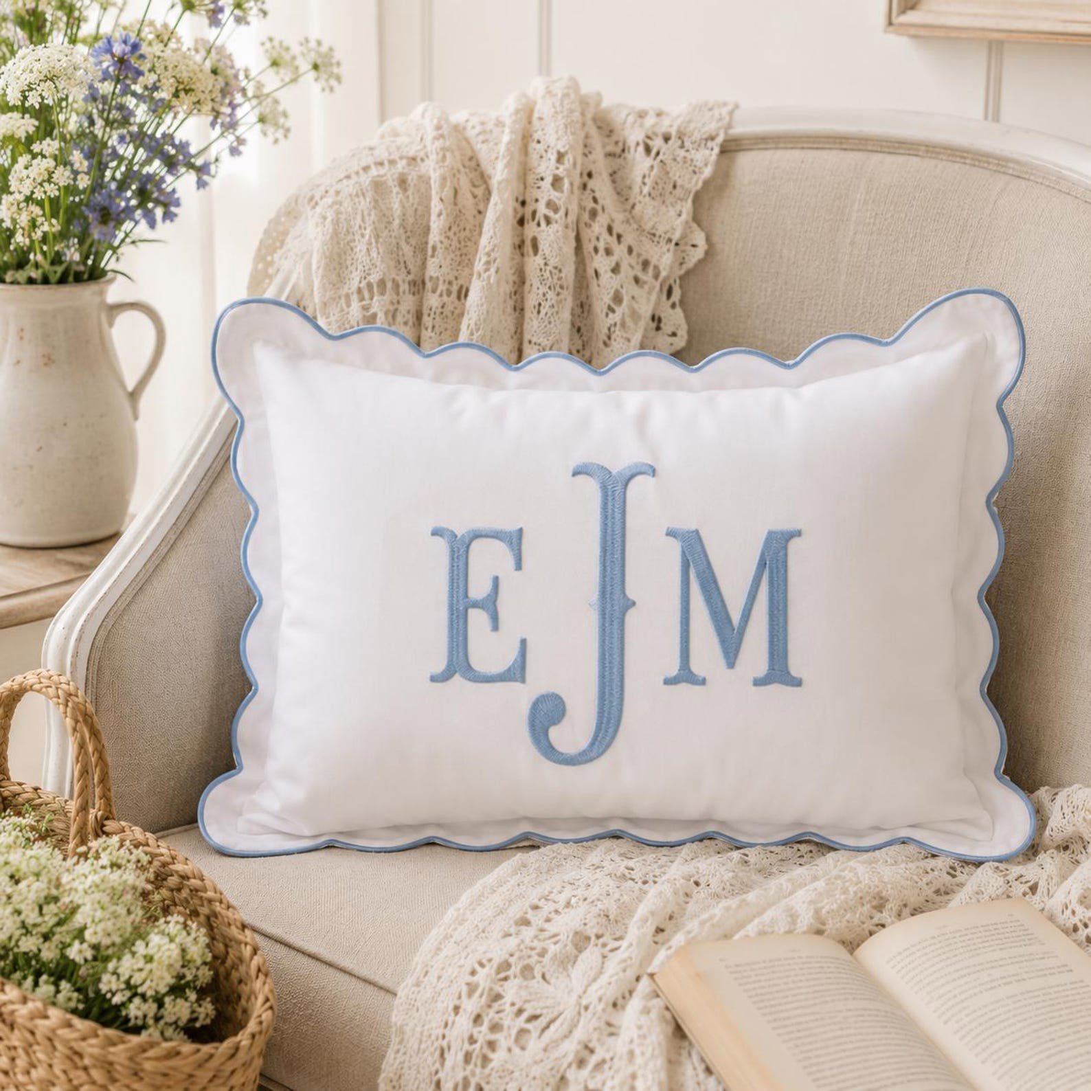 Custom Monogram Pillow Cover, Nursery Decor Cushion, Custom Text Embroidered Pillow Cover, Baby Room Pillow, Preppy Home Decor Gift 1