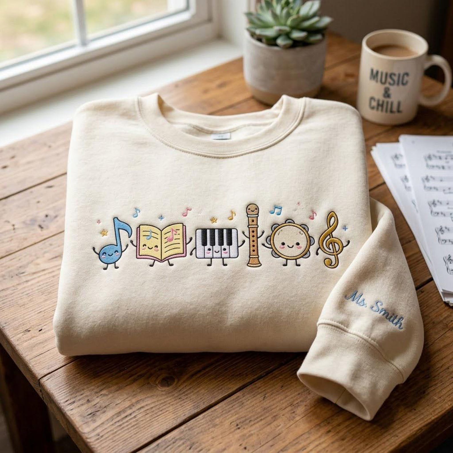Cute Music Teacher Embroidered Crewneck, Personalized Music Sweatshirt, Custom Teacher Name Gift, Band Choir Music Lover Shirt 1