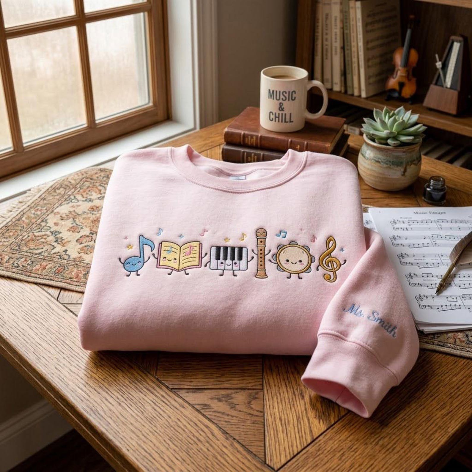 Cute Music Teacher Embroidered Crewneck, Personalized Music Sweatshirt, Custom Teacher Name Gift, Band Choir Music Lover Shirt 3
