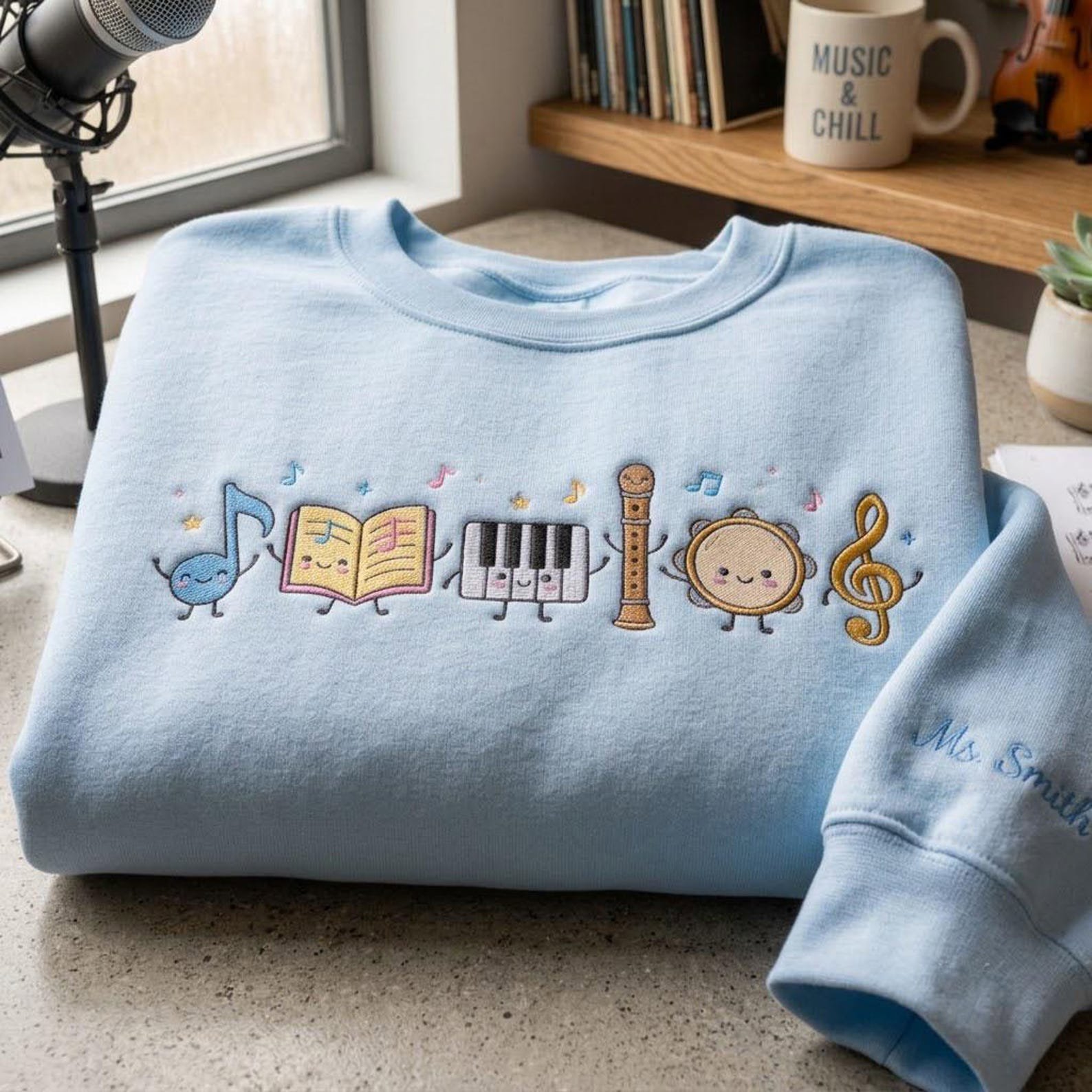 Cute Music Teacher Embroidered Crewneck, Personalized Music Sweatshirt, Custom Teacher Name Gift, Band Choir Music Lover Shirt 4