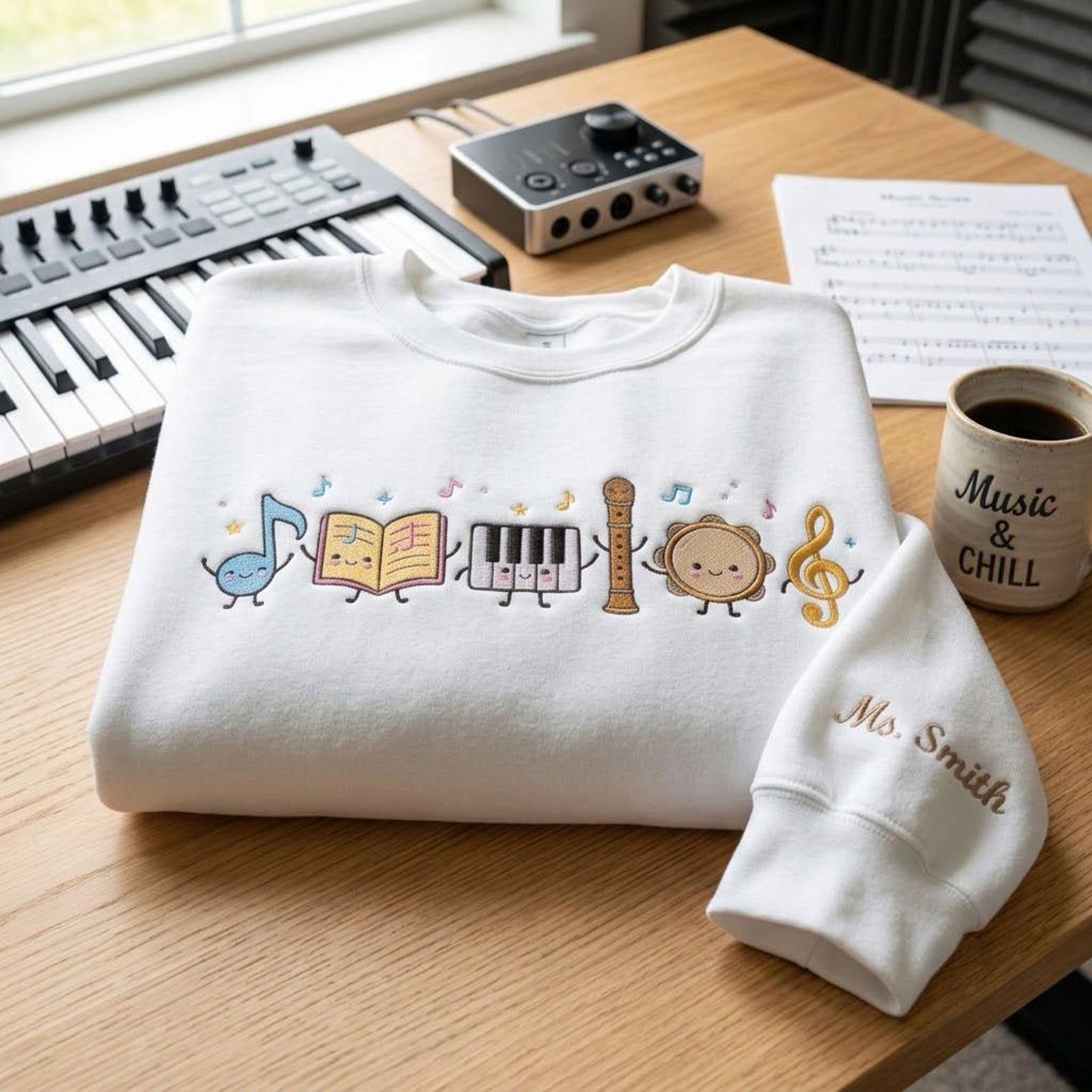 Cute Music Teacher Embroidered Crewneck, Personalized Music Sweatshirt, Custom Teacher Name Gift, Band Choir Music Lover Shirt 5