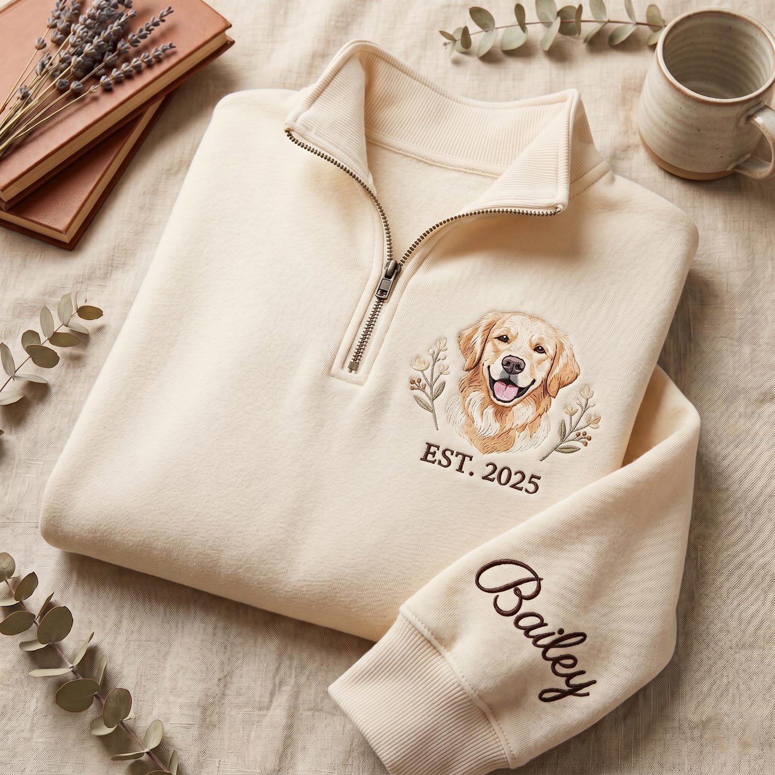 Custom Pet Portrait Embroidered Quarter Zip, Personalized Cat Photo, Pet Portrait Shirt, Gift for Pet Lovers, Memorial Gift, Custom Dog Face 1