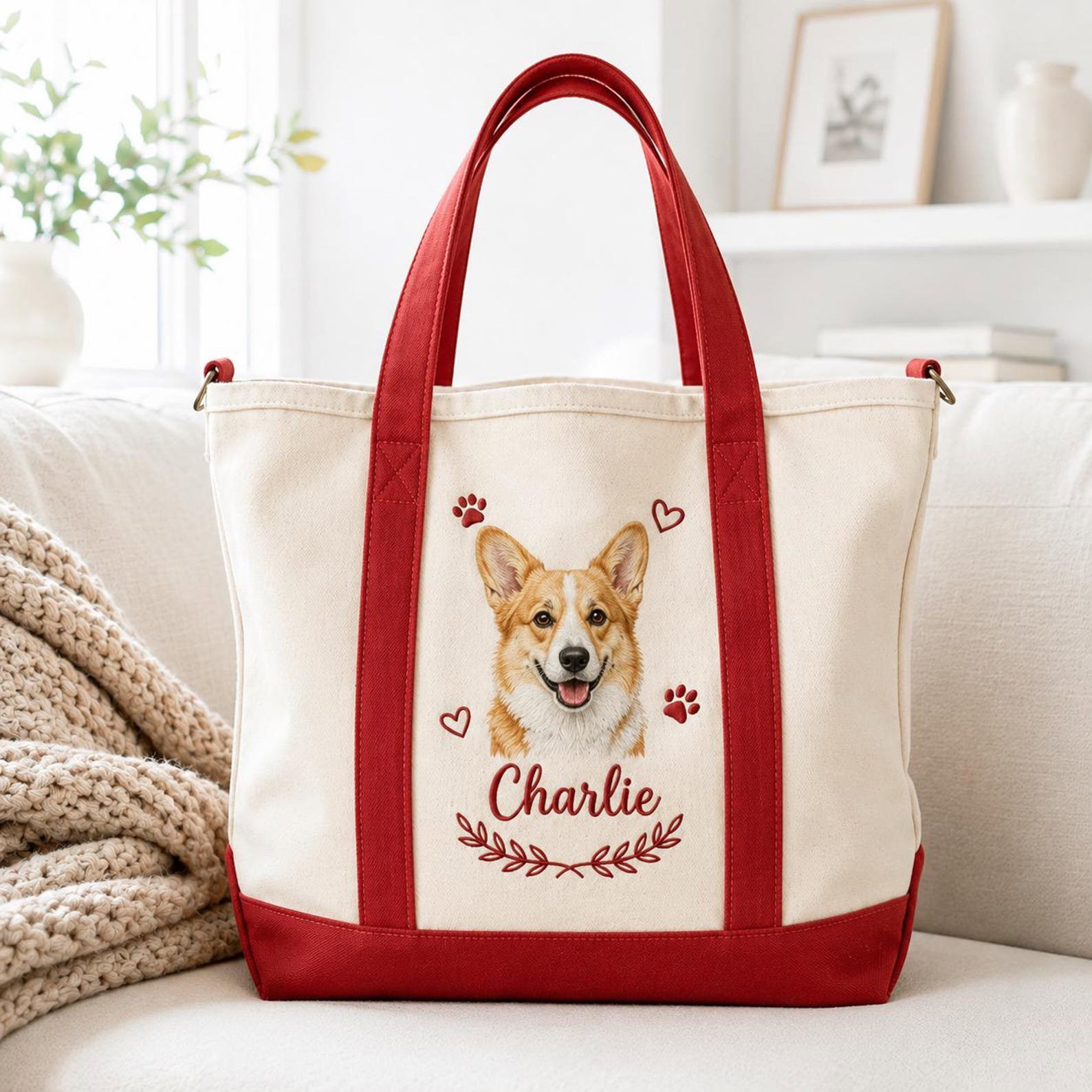 Embroidered Pet Photo Personalised Tote Bag, Dog Mom Gift, Custom Dog Face Portrait Canvas Tote Bag, Pet Memorial Gift, Custom Tote Bag 1