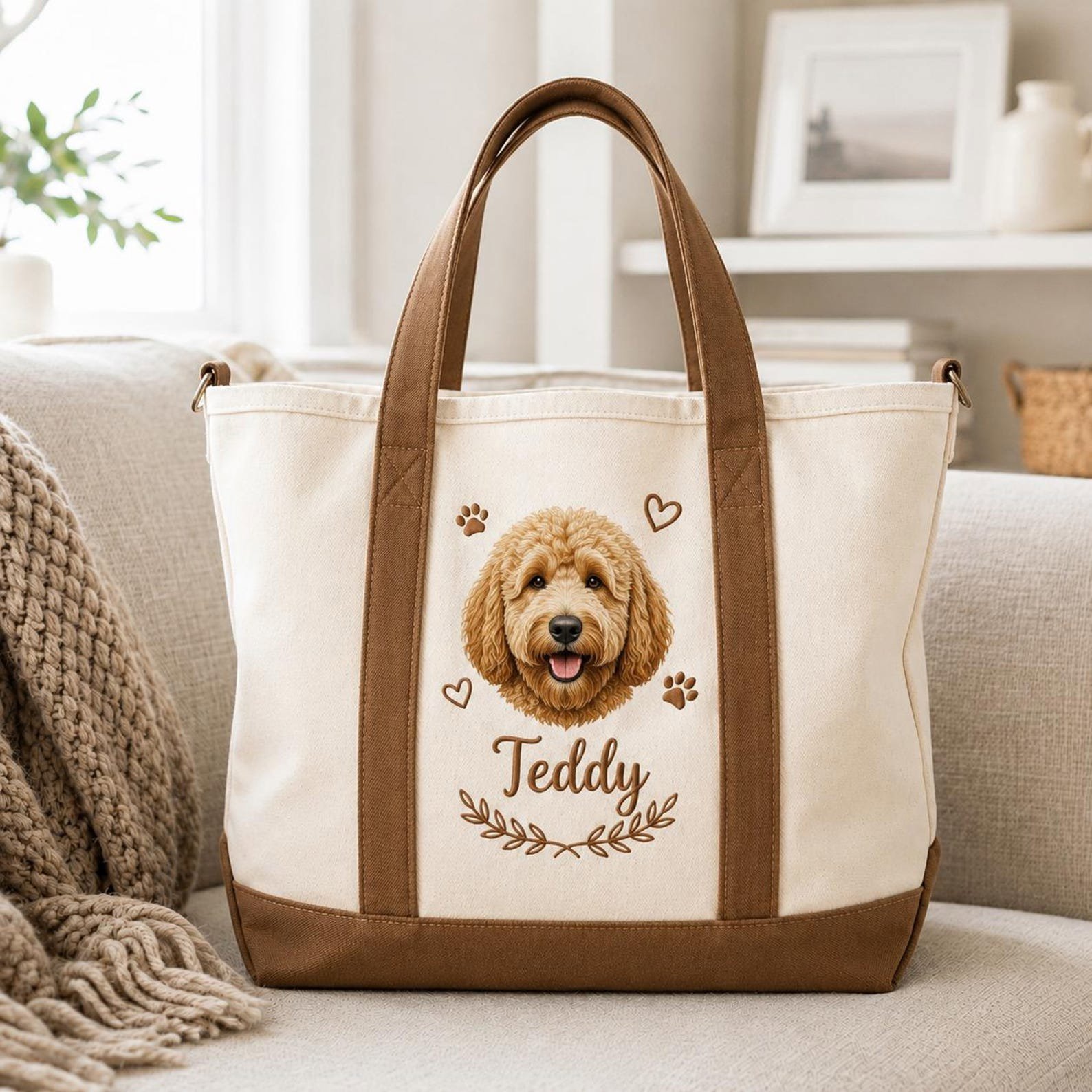 Embroidered Pet Photo Personalised Tote Bag, Dog Mom Gift, Custom Dog Face Portrait Canvas Tote Bag, Pet Memorial Gift, Custom Tote Bag 3