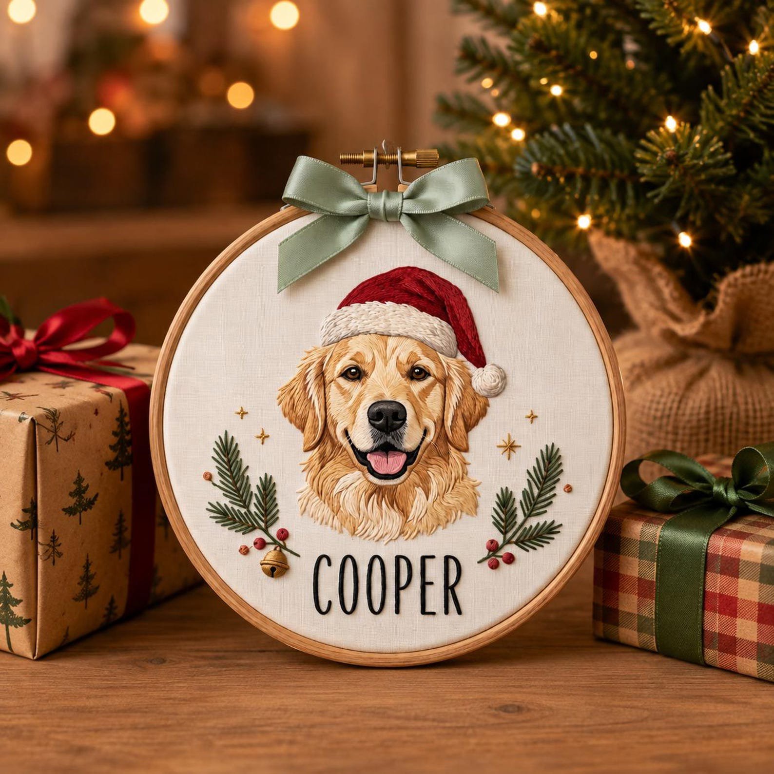 Custom Santa Dog Portrait Embroidery Hoop, Pet Photo Christmas Ornament, Dog Memorial Keepsake, Holiday Pet Gift, Christmas Home 3