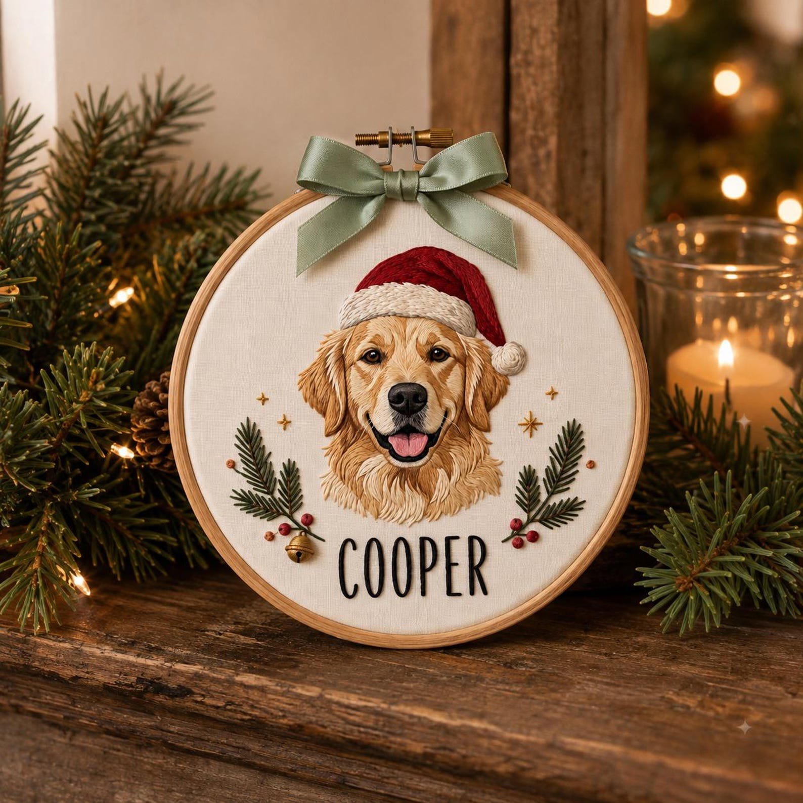 Custom Santa Dog Portrait Embroidery Hoop, Pet Photo Christmas Ornament, Dog Memorial Keepsake, Holiday Pet Gift, Christmas Home 1