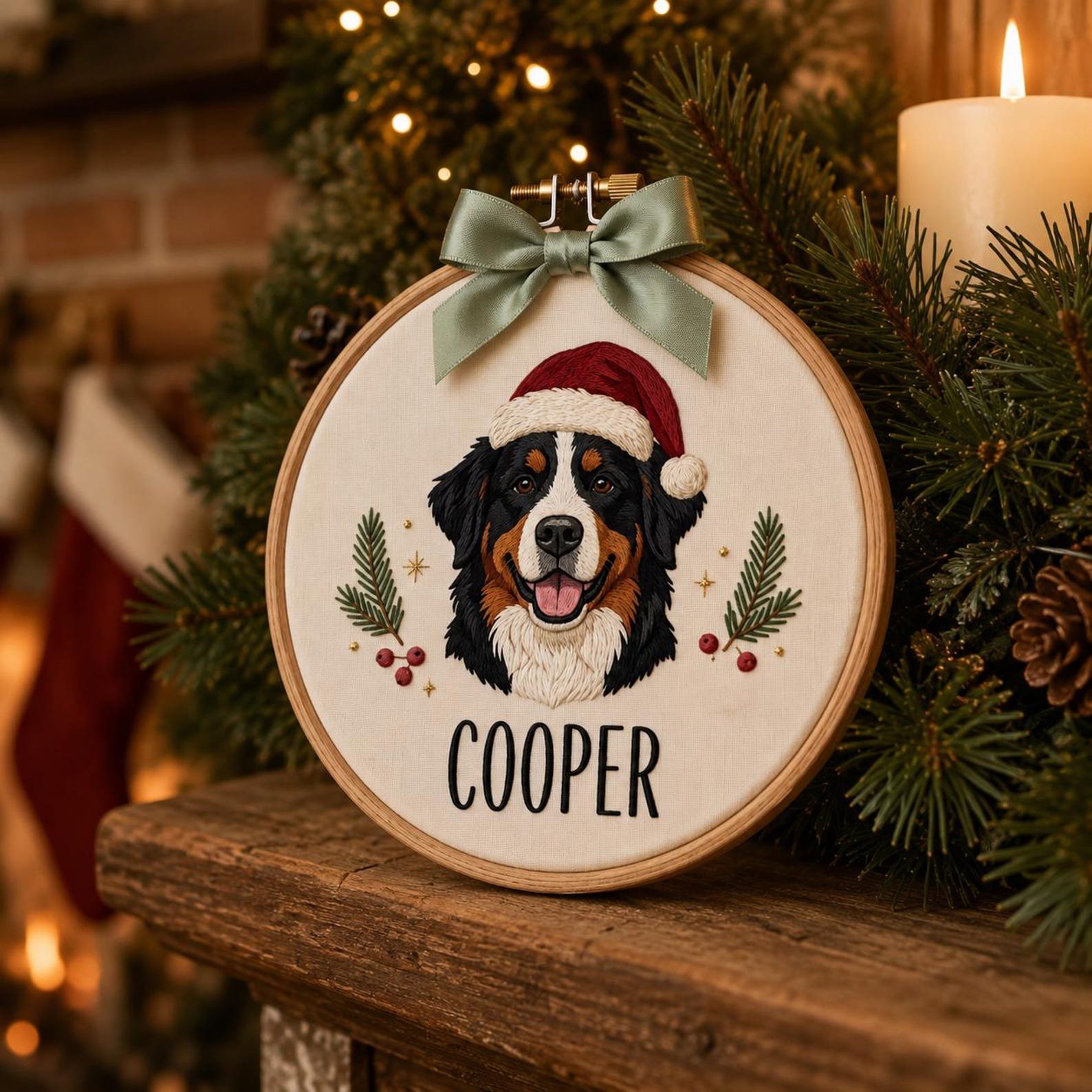 Custom Santa Dog Portrait Embroidery Hoop, Custom Pet Photo Christmas Ornament, Dog Memorial Keepsake, Holiday Pet Gift, Christmas Home 3
