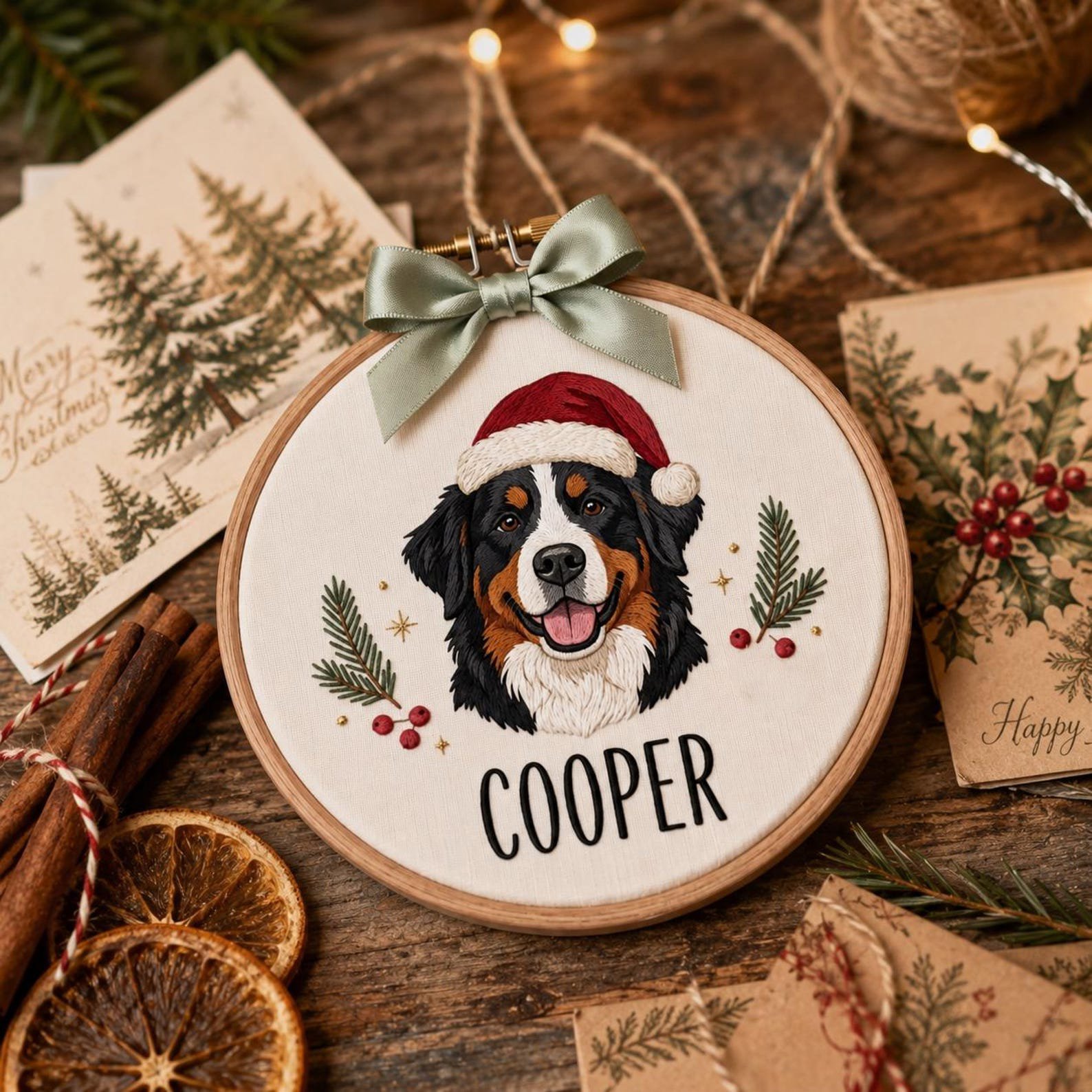 Custom Santa Dog Portrait Embroidery Hoop, Custom Pet Photo Christmas Ornament, Dog Memorial Keepsake, Holiday Pet Gift, Christmas Home 2