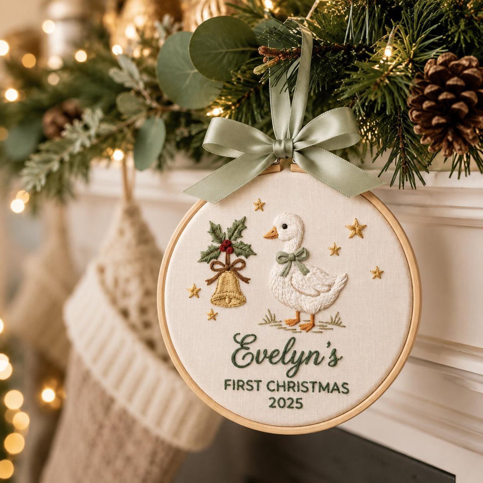 Baby First Christmas Ornament, Personalized Goose Embroidery Hoop, Custom Name Holiday Keepsake, Newborn Christmas Gift, Nursery Decor 3
