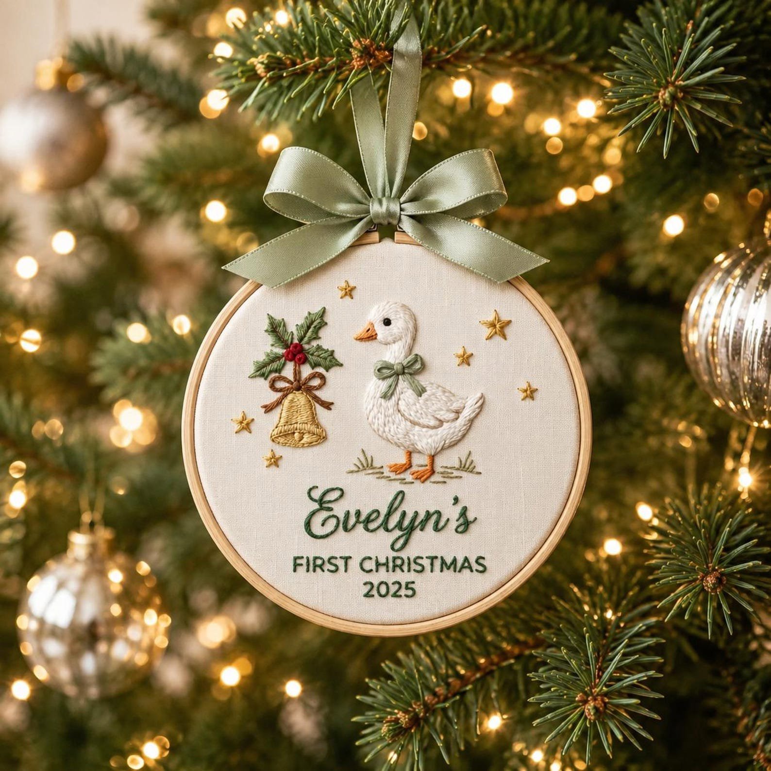 Baby First Christmas Ornament, Personalized Goose Embroidery Hoop, Custom Name Holiday Keepsake, Newborn Christmas Gift, Nursery Decor 1