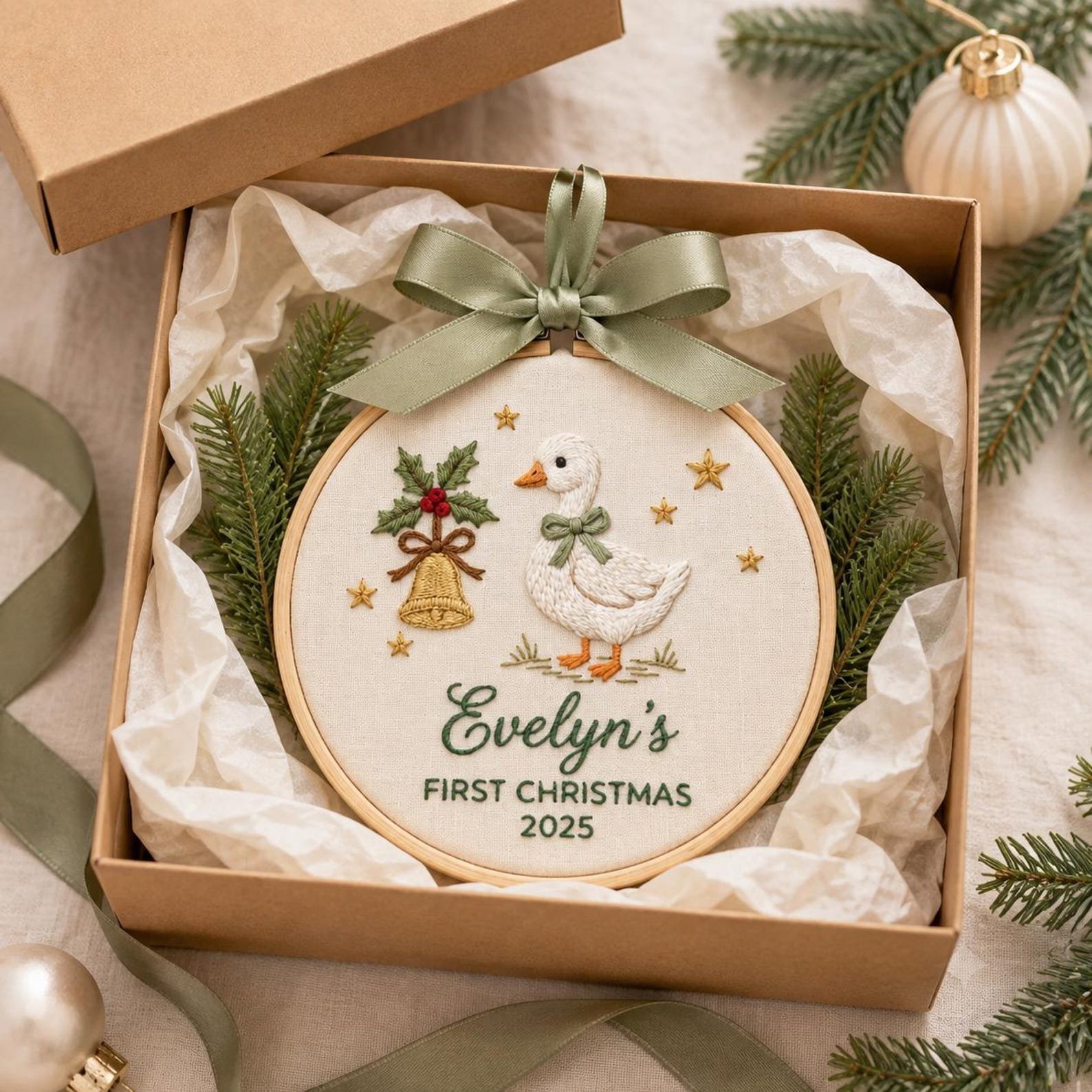 Baby First Christmas Ornament, Personalized Goose Embroidery Hoop, Custom Name Holiday Keepsake, Newborn Christmas Gift, Nursery Decor 4