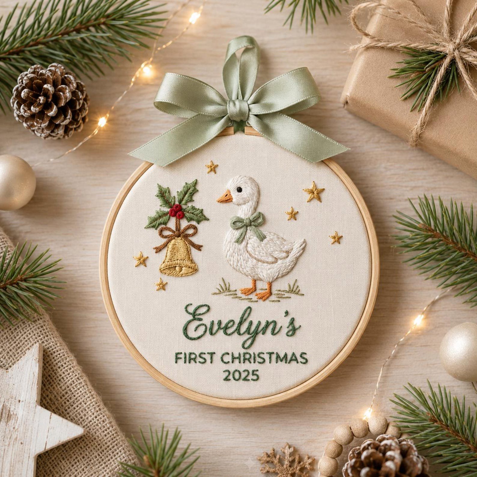 Baby First Christmas Ornament, Personalized Goose Embroidery Hoop, Custom Name Holiday Keepsake, Newborn Christmas Gift, Nursery Decor 5