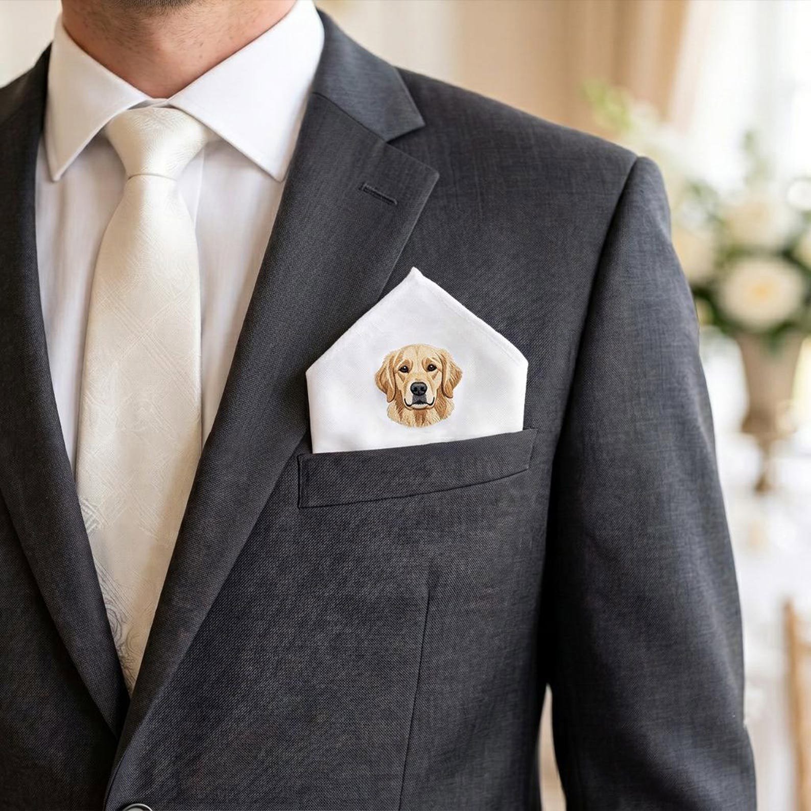 Custom Embroidered Pet Portrait Pocket Square, Gift For Groom, Dog Dad Gift, Custom Wedding Handkerchief, Dog Wedding Keepsake 1