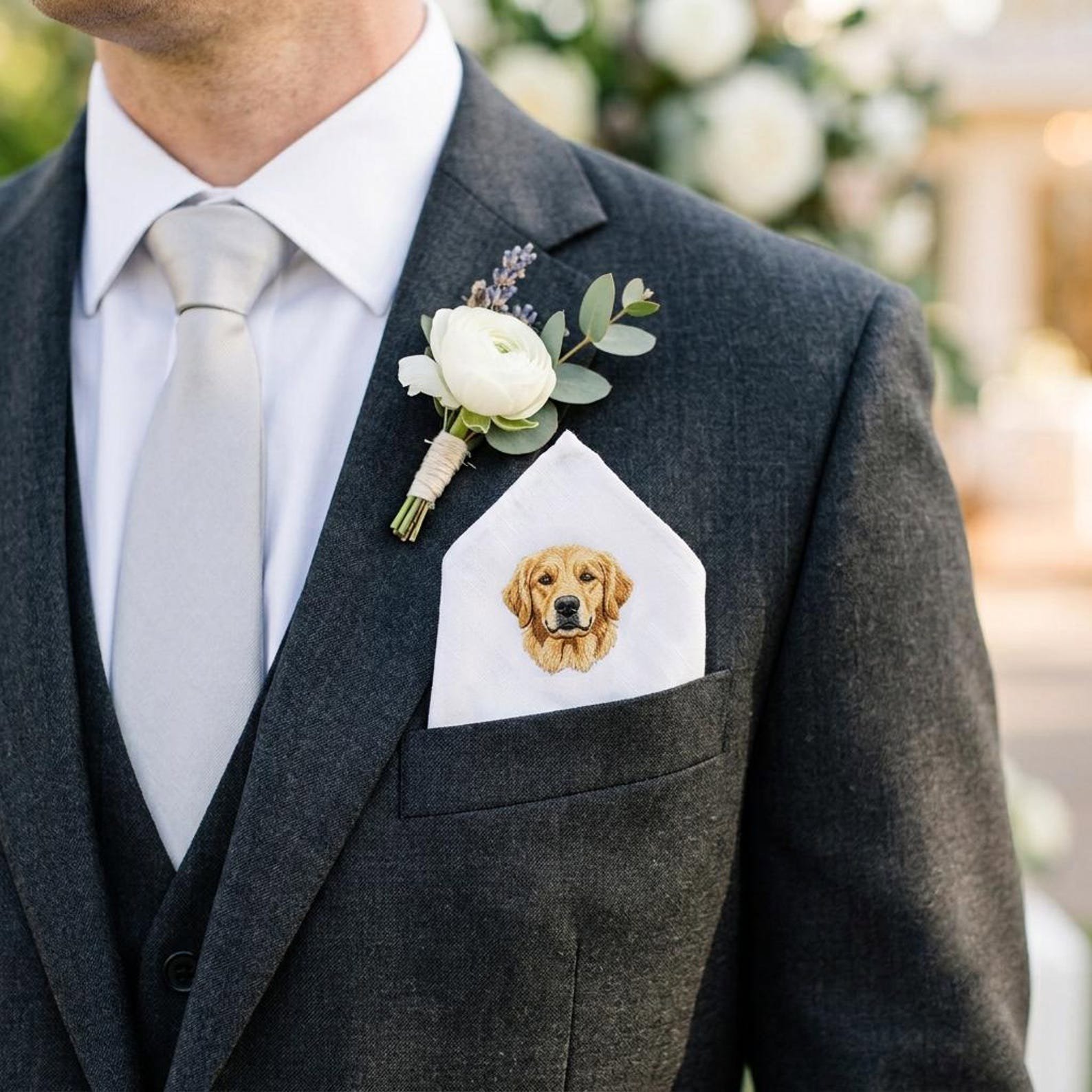 Custom Embroidered Pet Portrait Pocket Square, Gift For Groom, Dog Dad Gift, Custom Wedding Handkerchief, Dog Wedding Keepsake 2