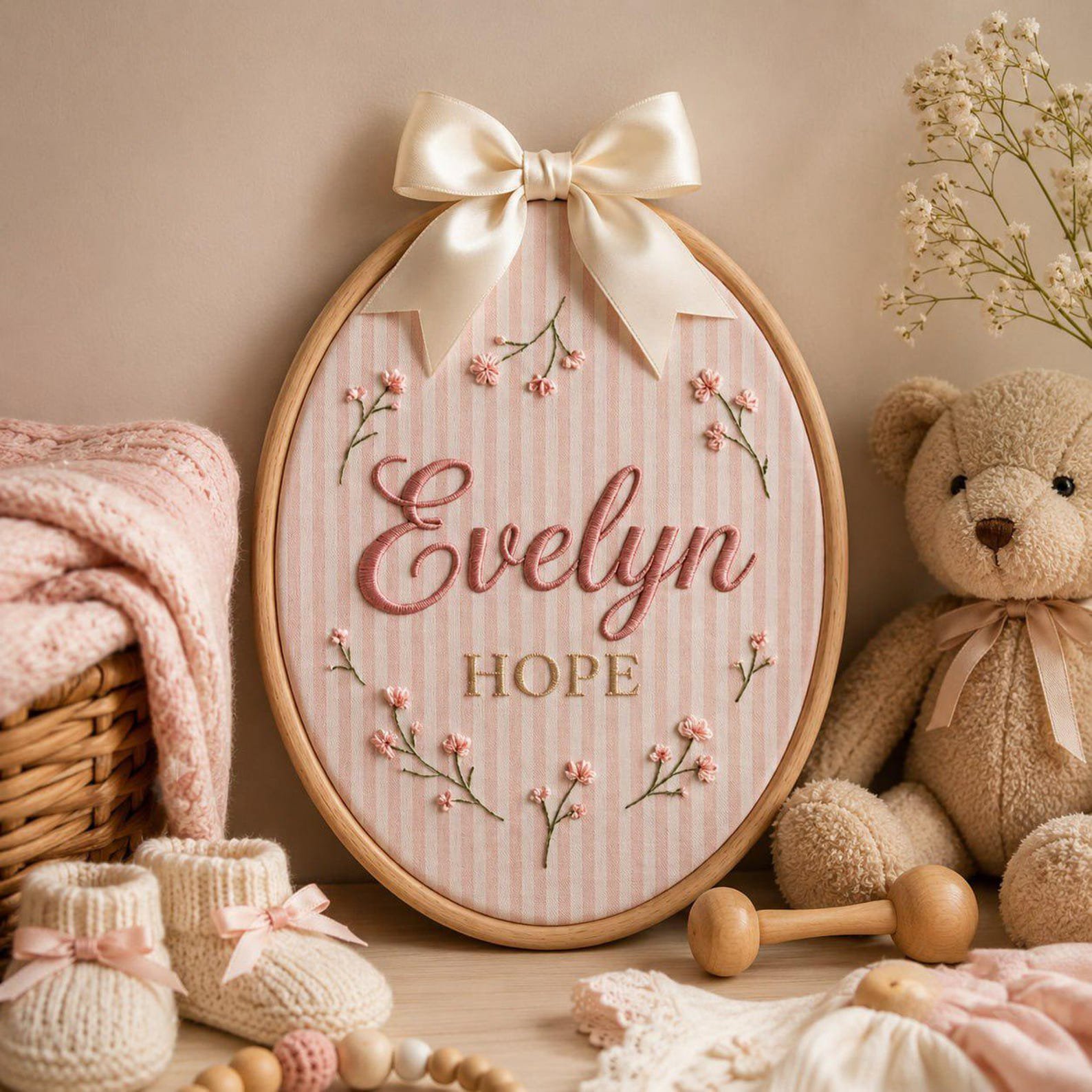 Custom Baby Name Pink Stripe Fabric Applique Hoop, Nursery Baby Room Decor, Floral Embroidered Hoop, Baby Shower Gift 3