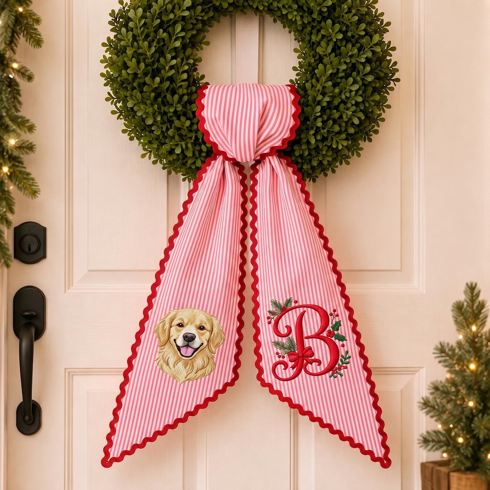 Custom Christmas Door Sash, Custom Pet Portrait Wreath Bow, Dog Photo Monogram Decor, Holiday Front Door Gift, Christmas Pet Keepsake 2
