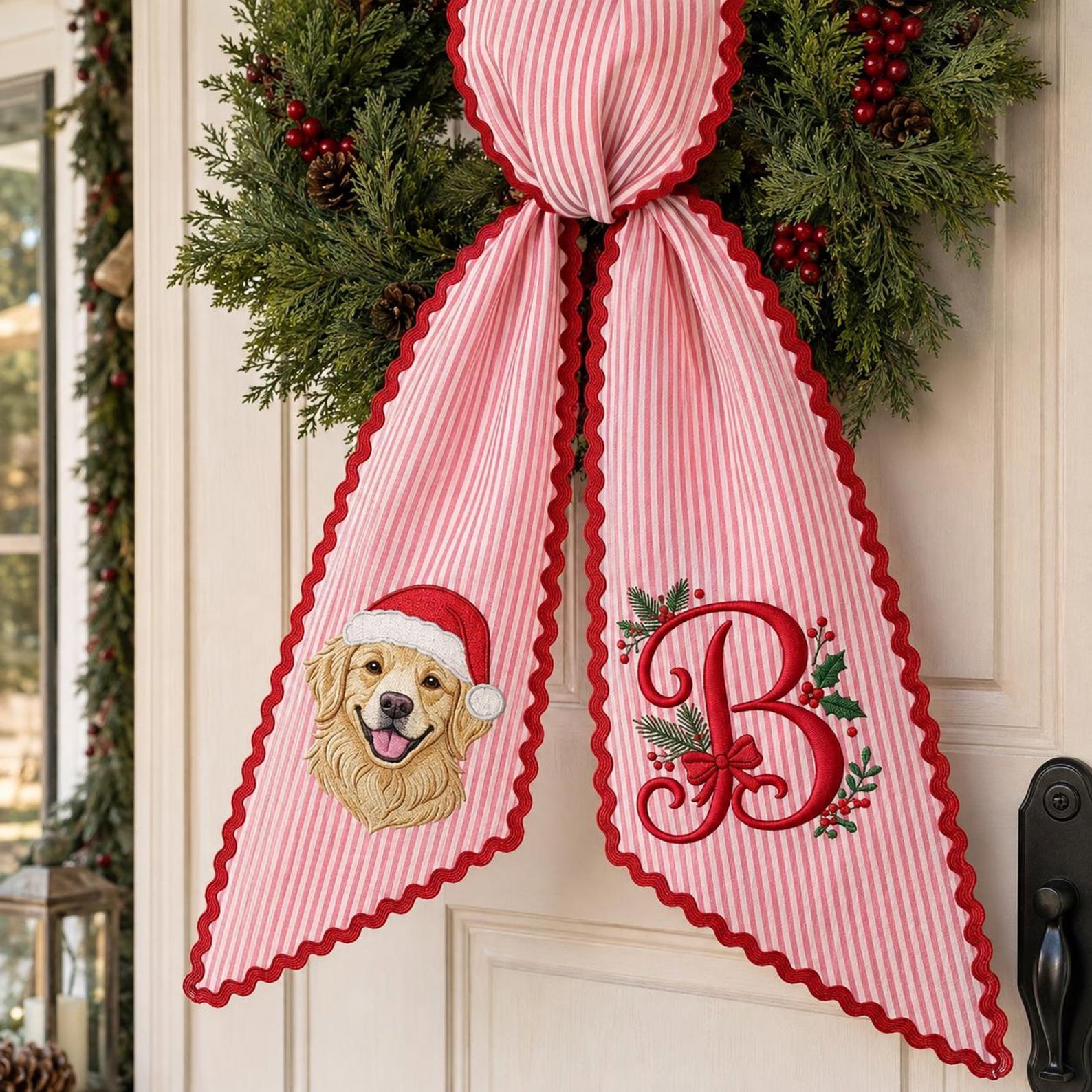 Custom Christmas Door Sash, Custom Pet Portrait Wreath Bow, Dog Photo Monogram Decor, Holiday Front Door Gift, Christmas Pet Keepsake 3
