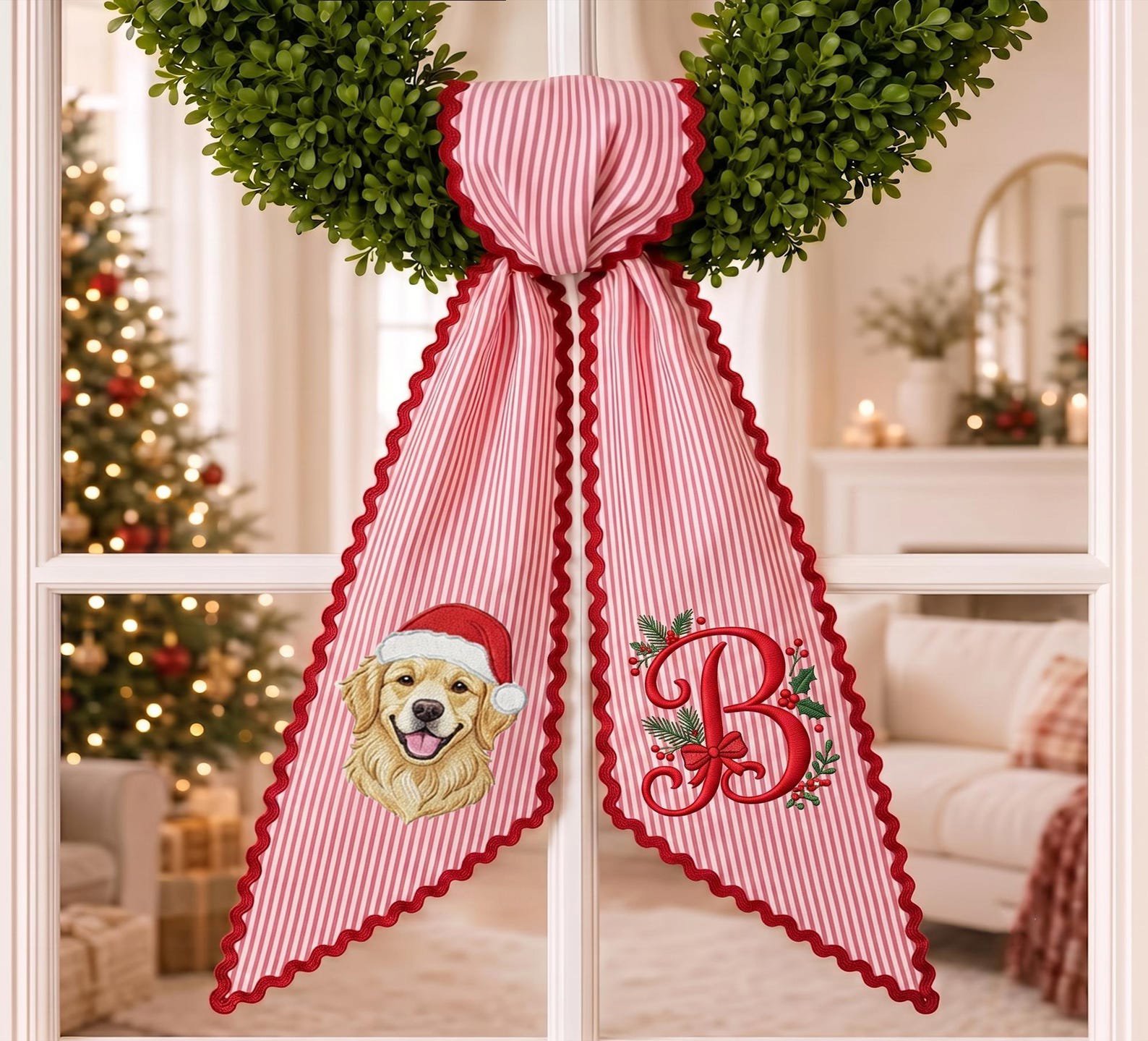 Custom Christmas Door Sash, Custom Pet Portrait Wreath Bow, Dog Photo Monogram Decor, Holiday Front Door Gift, Christmas Pet Keepsake 5