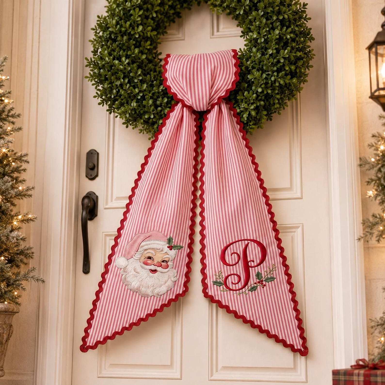 Custom Christmas Santa Claus Door Sash, Custom Initial Front Door Decor, Holiday Porch Decoration, Hostess Gift, Santa Monogram Wreath Bow 3