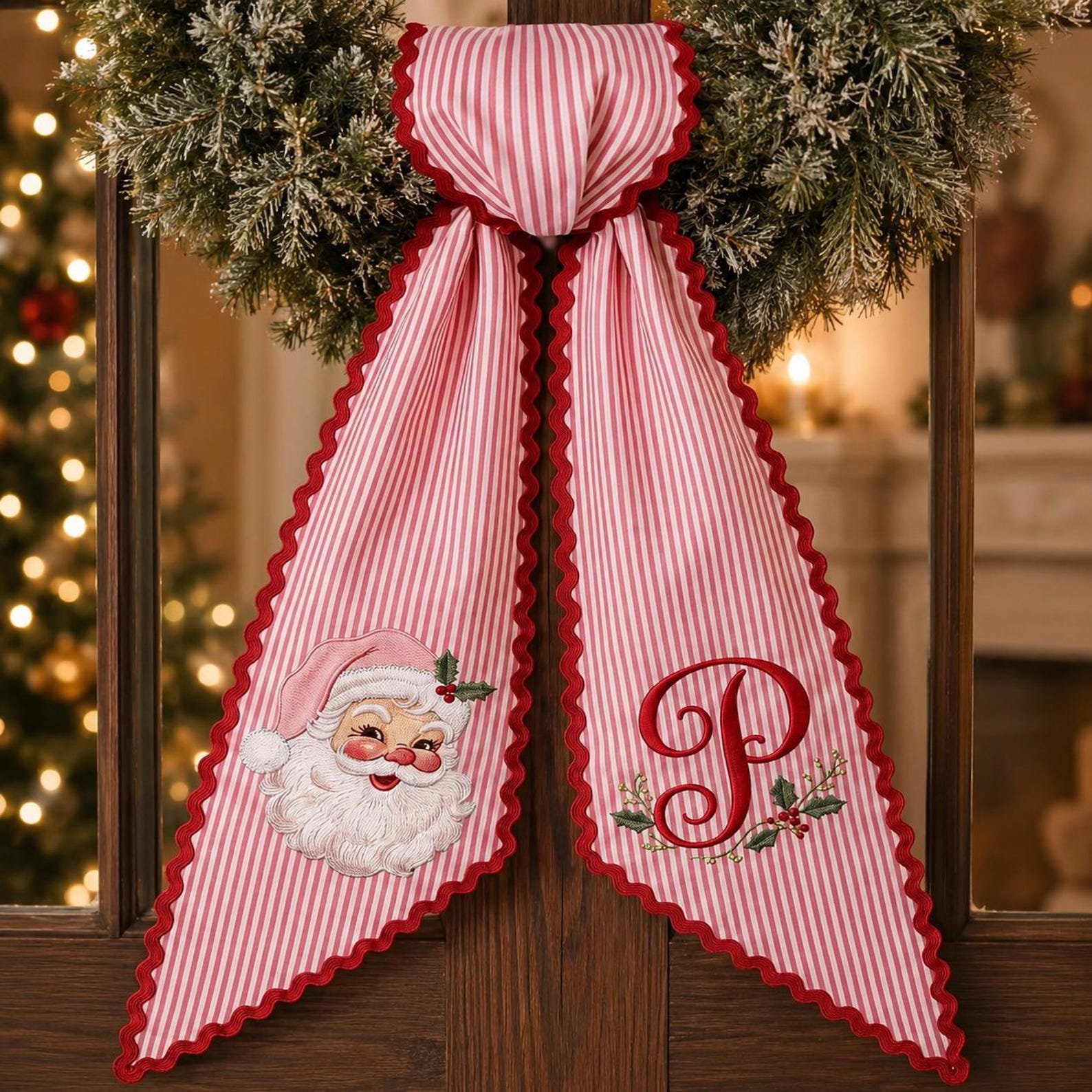 Custom Christmas Santa Claus Door Sash, Custom Initial Front Door Decor, Holiday Porch Decoration, Hostess Gift, Santa Monogram Wreath Bow 2
