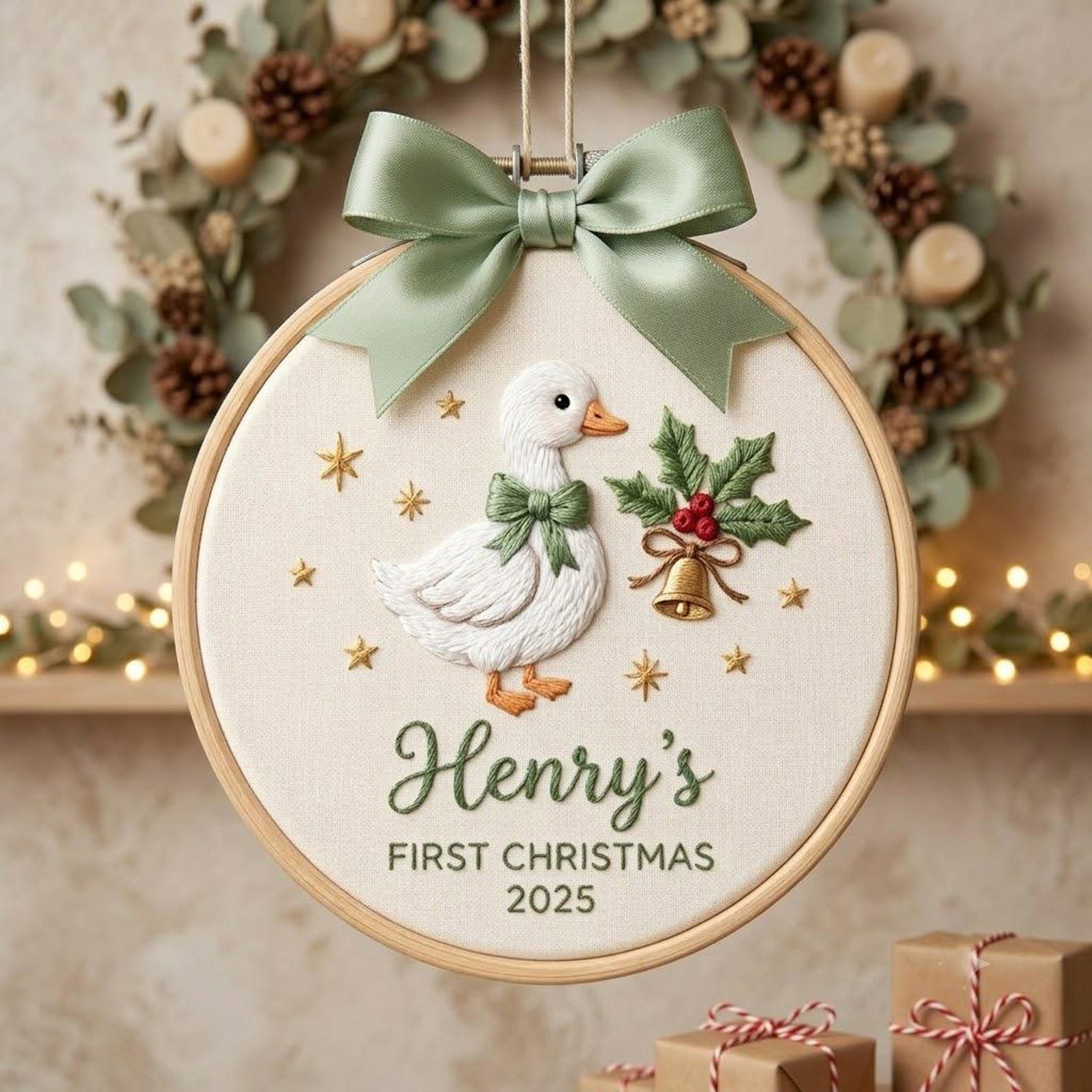 Custom Baby’s First Christmas Ornament 2026, Custom Name First Christmas Ornament, Personalized Baby Embroidered Hoop Ornament Keepsake 1