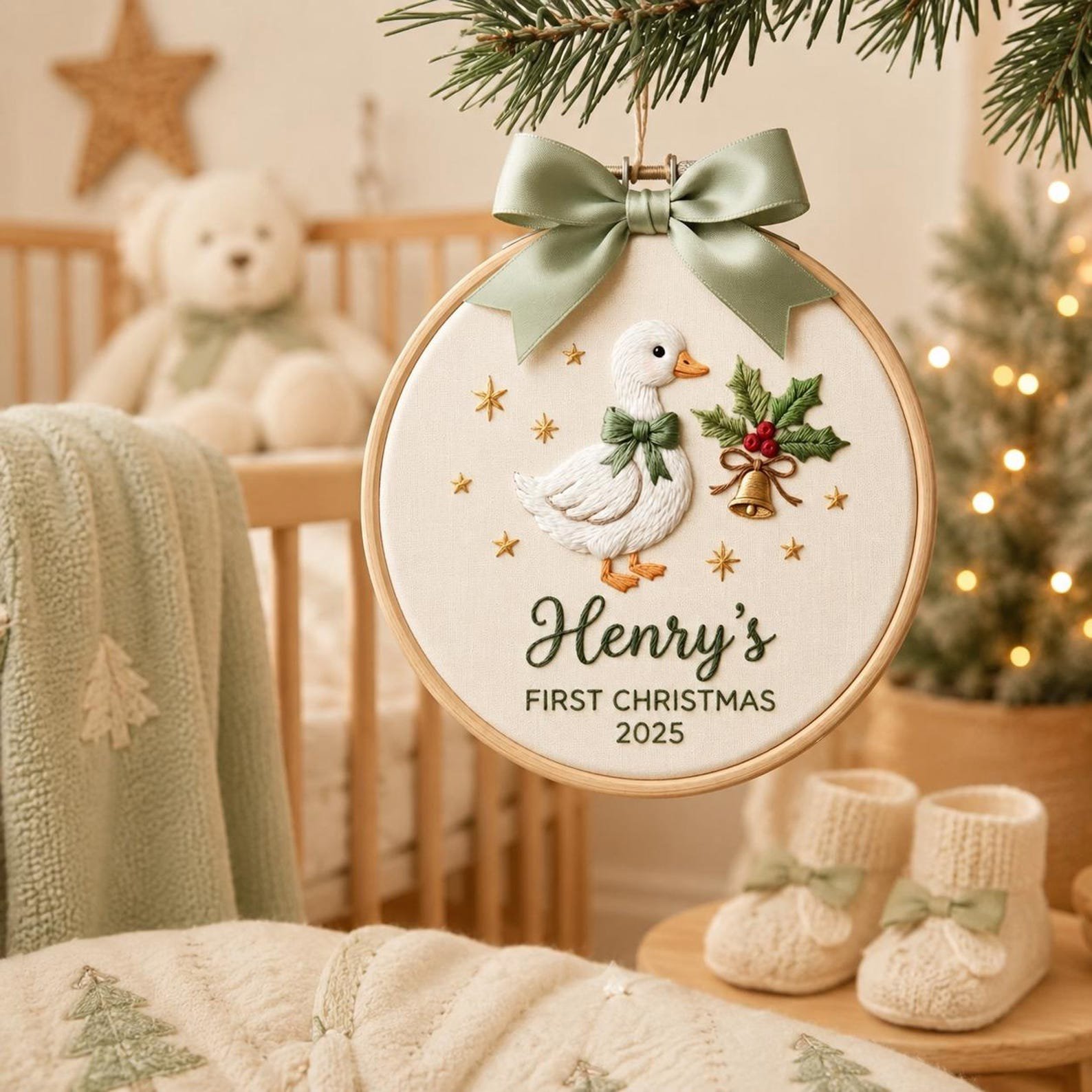 Custom Baby’s First Christmas Ornament 2026, Custom Name First Christmas Ornament, Personalized Baby Embroidered Hoop Ornament Keepsake 2