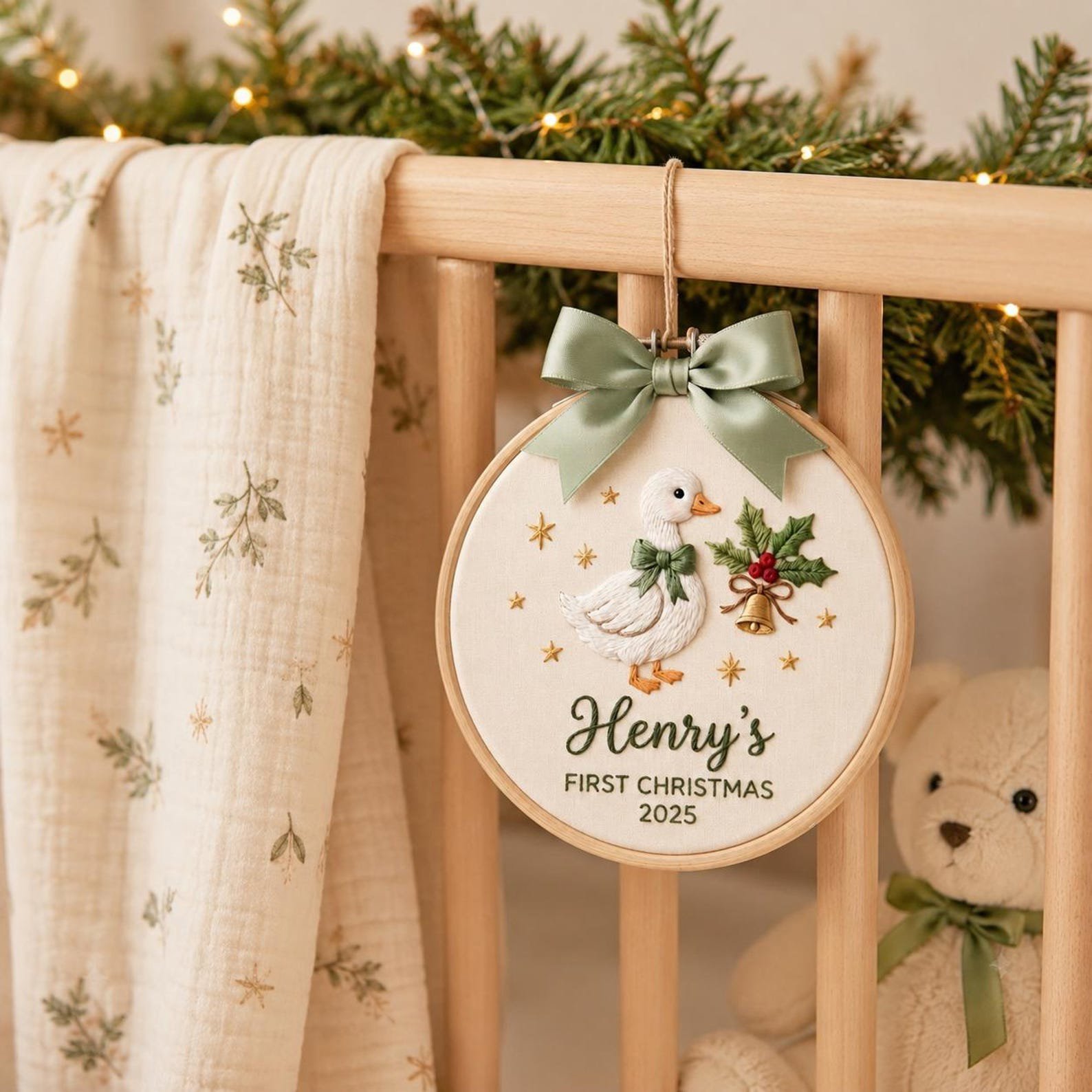 Custom Baby’s First Christmas Ornament 2026, Custom Name First Christmas Ornament, Personalized Baby Embroidered Hoop Ornament Keepsake 3