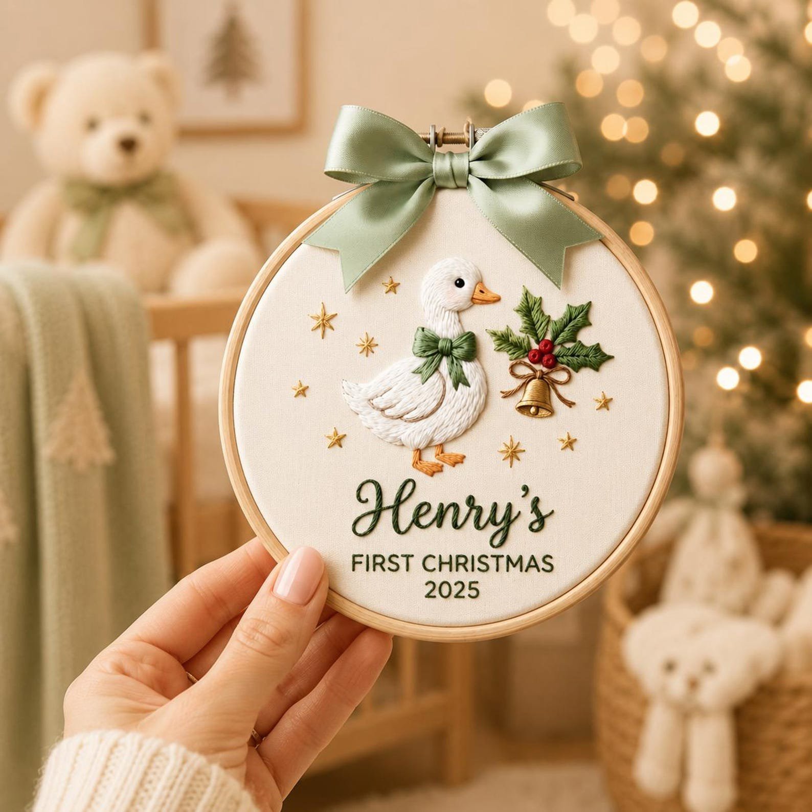 Custom Baby’s First Christmas Ornament 2026, Custom Name First Christmas Ornament, Personalized Baby Embroidered Hoop Ornament Keepsake 5