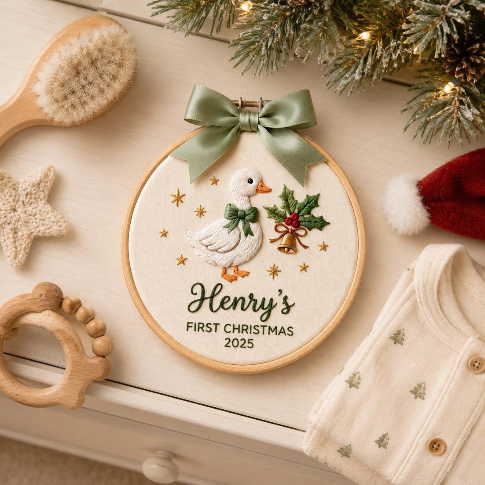Custom Baby’s First Christmas Ornament 2026, Custom Name First Christmas Ornament, Personalized Baby Embroidered Hoop Ornament Keepsake 4