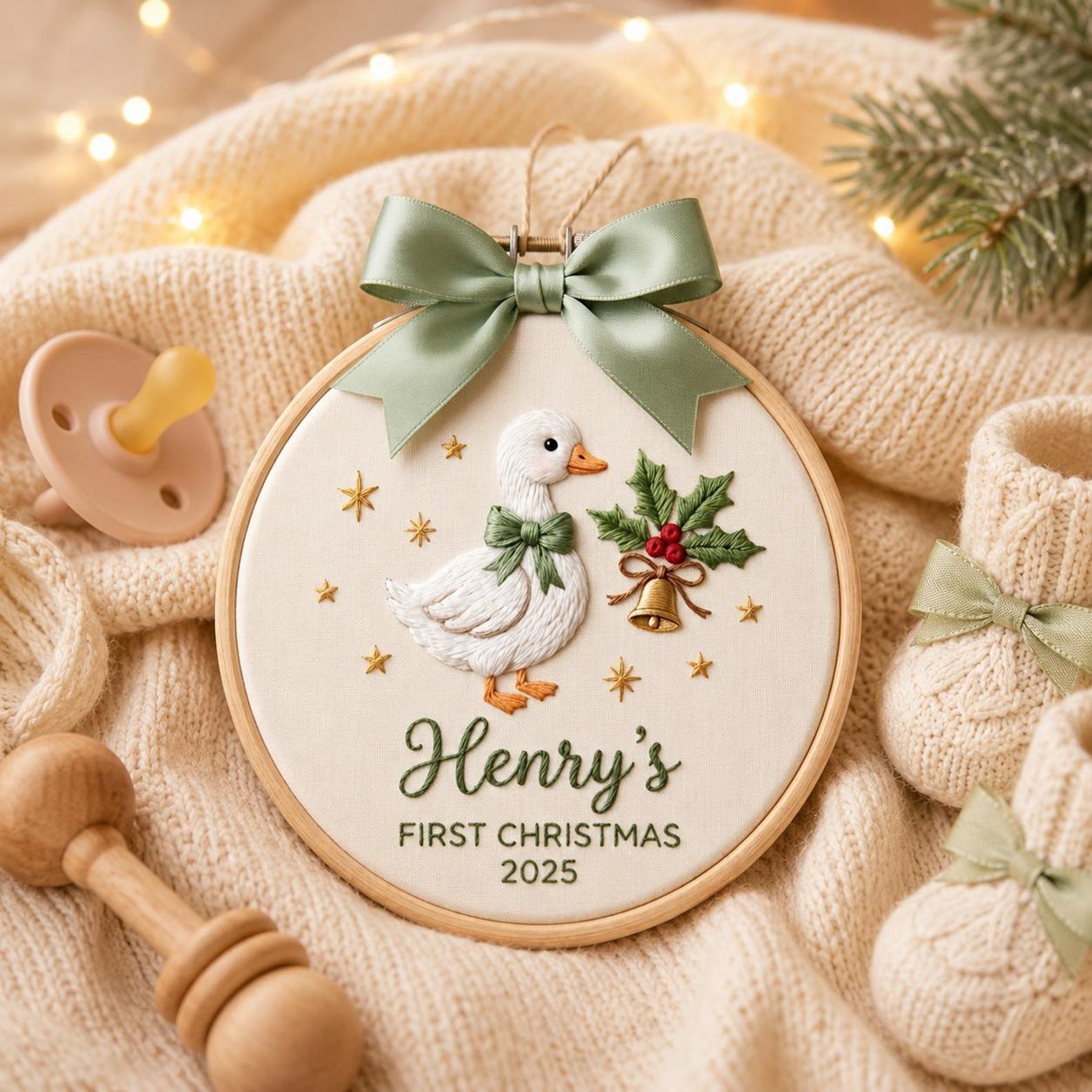 Custom Baby’s First Christmas Ornament 2026, Custom Name First Christmas Ornament, Personalized Baby Embroidered Hoop Ornament Keepsake 6
