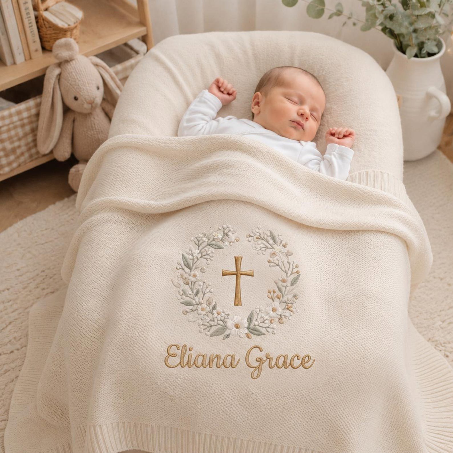 Custom Baptism Embroidered Baby Blanket, Personalized Embroidered Floral Cross Knit Blanket, Baby Shower Gift, Nursery Christening Gift 1