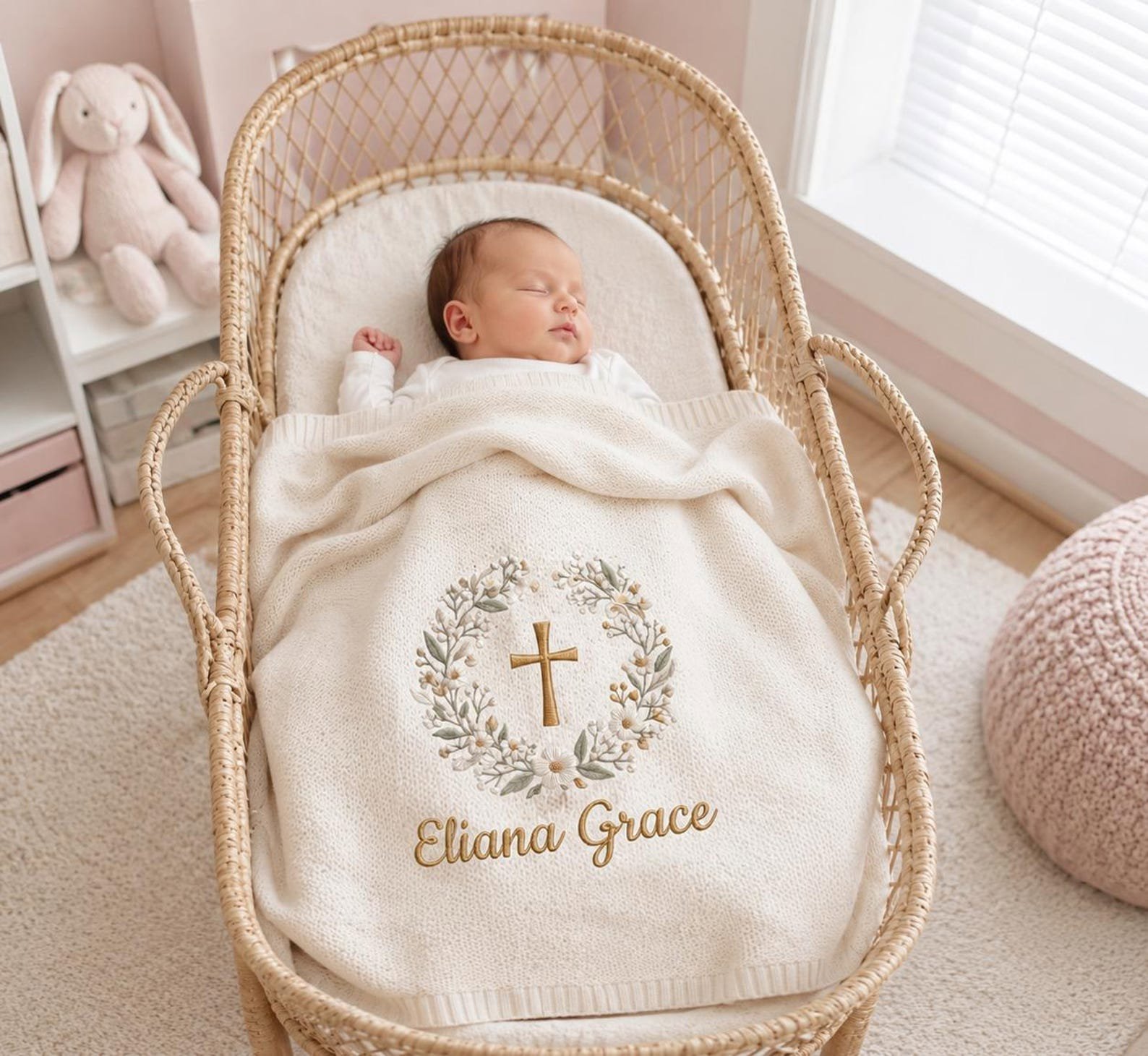 Custom Baptism Embroidered Baby Blanket, Personalized Embroidered Floral Cross Knit Blanket, Baby Shower Gift, Nursery Christening Gift 2