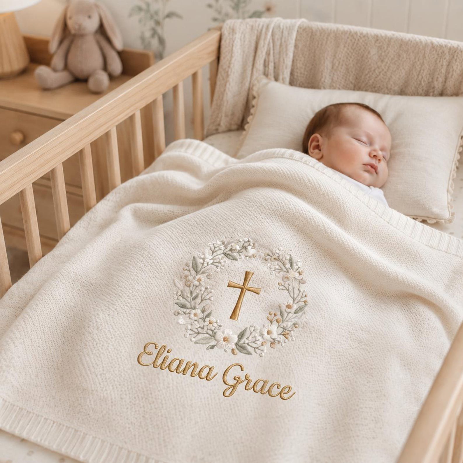Custom Baptism Embroidered Baby Blanket, Personalized Embroidered Floral Cross Knit Blanket, Baby Shower Gift, Nursery Christening Gift 3
