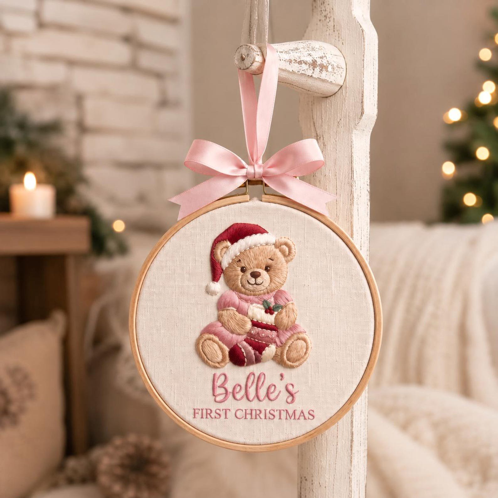 Custom Baby First Christmas Ornament, Newborn Holiday Gift, Embroidered Teddy Bear Hoop, Custom Name Keepsake, Nursery Decor 1