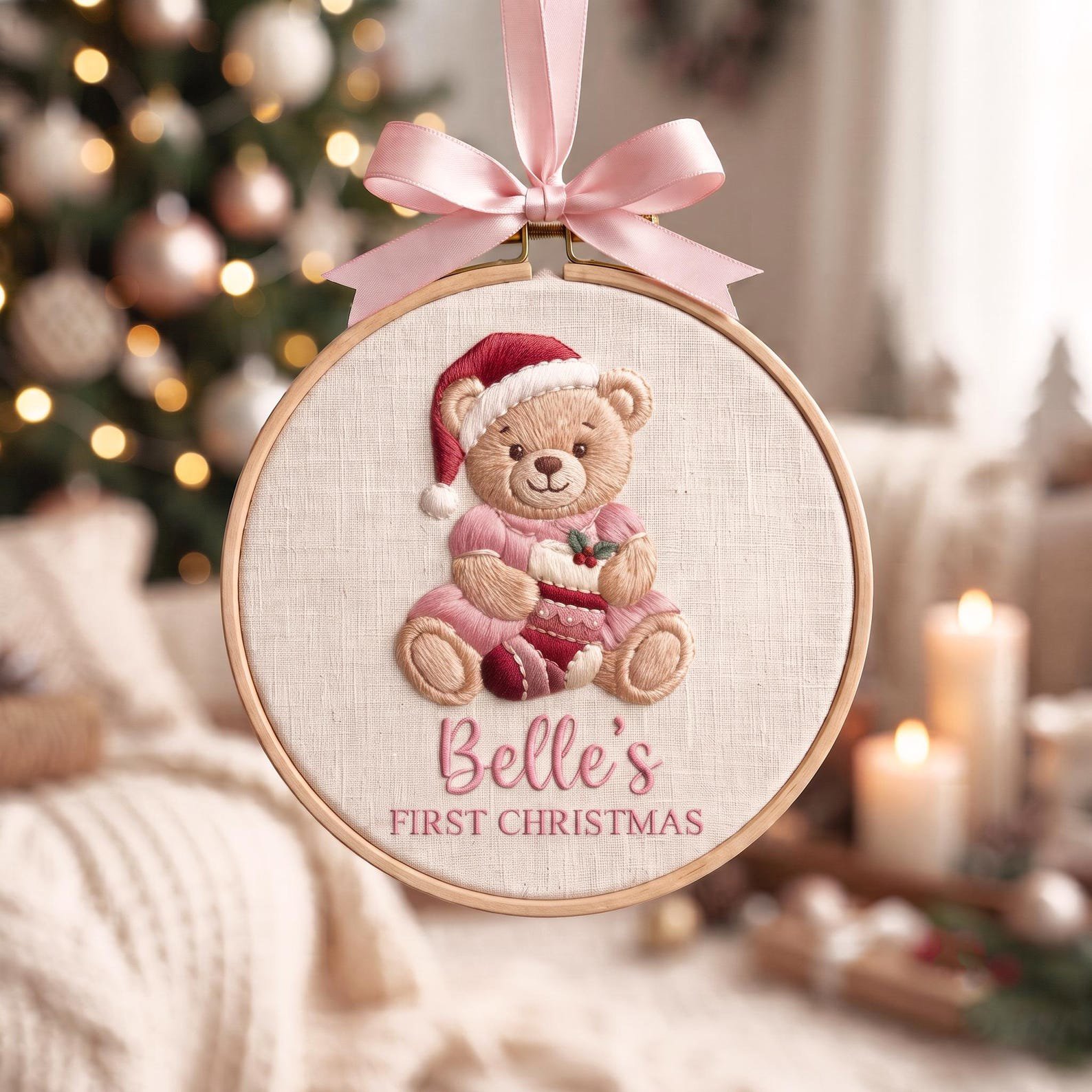 Custom Baby First Christmas Ornament, Newborn Holiday Gift, Embroidered Teddy Bear Hoop, Custom Name Keepsake, Nursery Decor 2