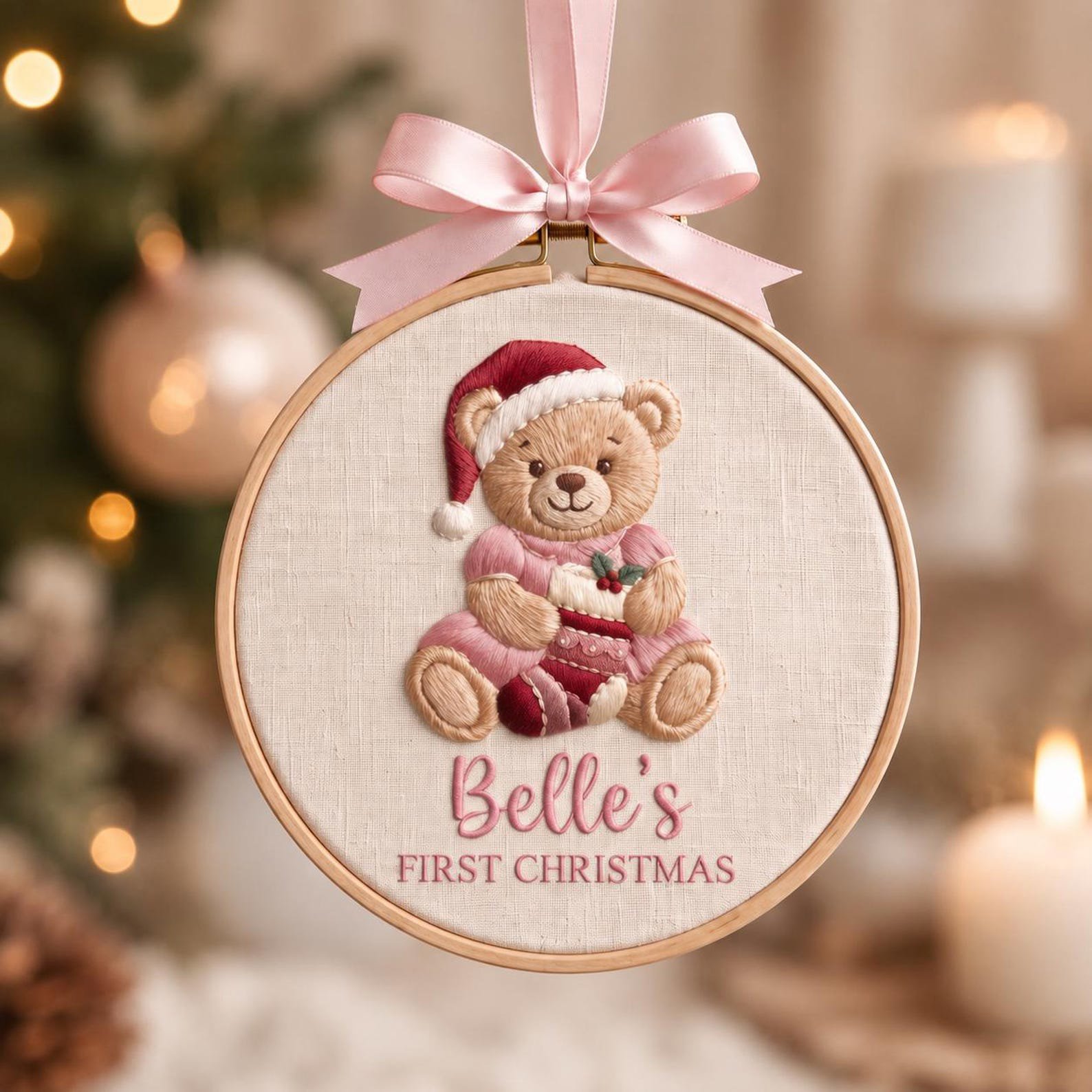 Custom Baby First Christmas Ornament, Newborn Holiday Gift, Embroidered Teddy Bear Hoop, Custom Name Keepsake, Nursery Decor 3