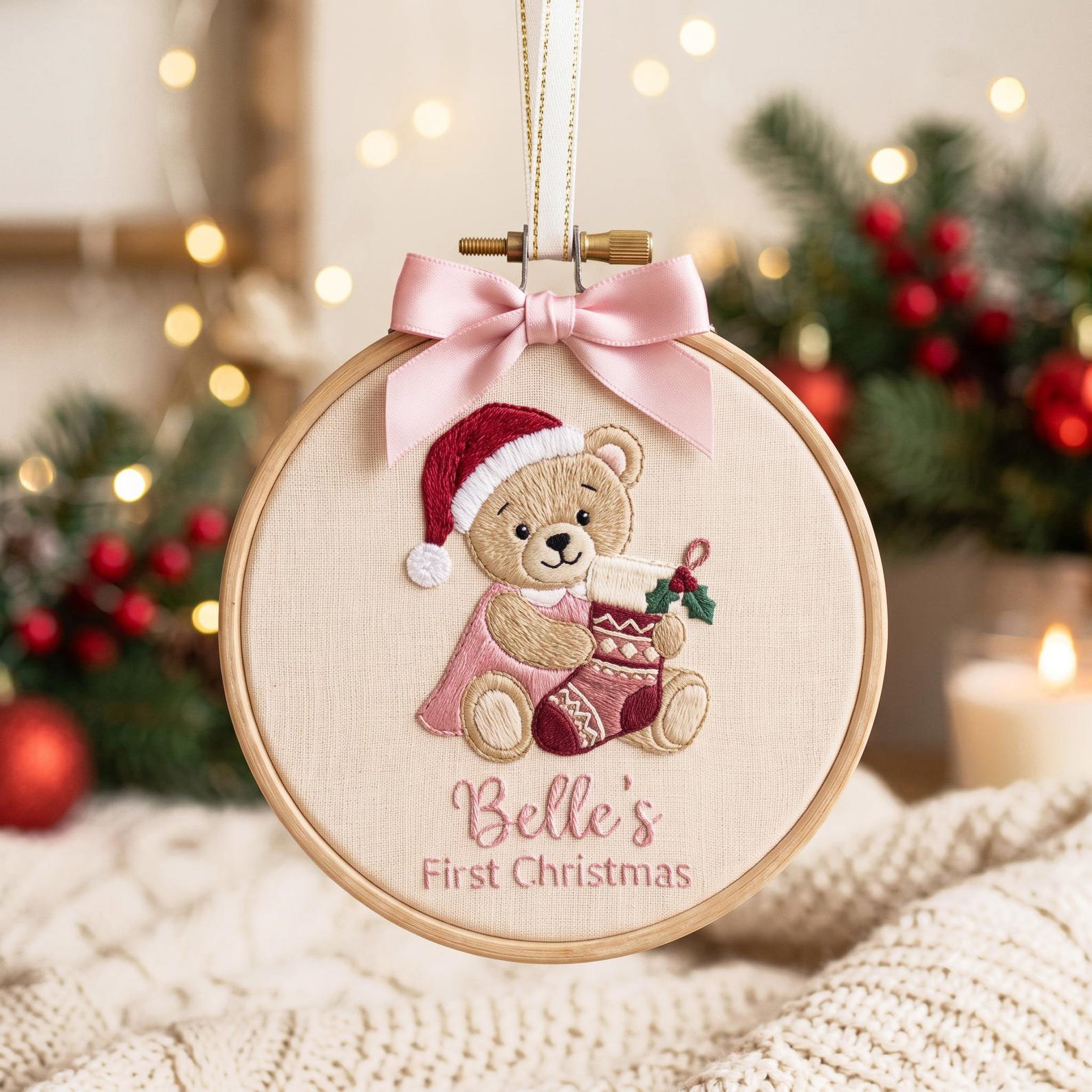 Personalized Baby First Christmas Ornament, Nursery Decor, Newborn Holiday Gift, Embroidered Teddy Bear Hoop, Custom Name Keepsake 2