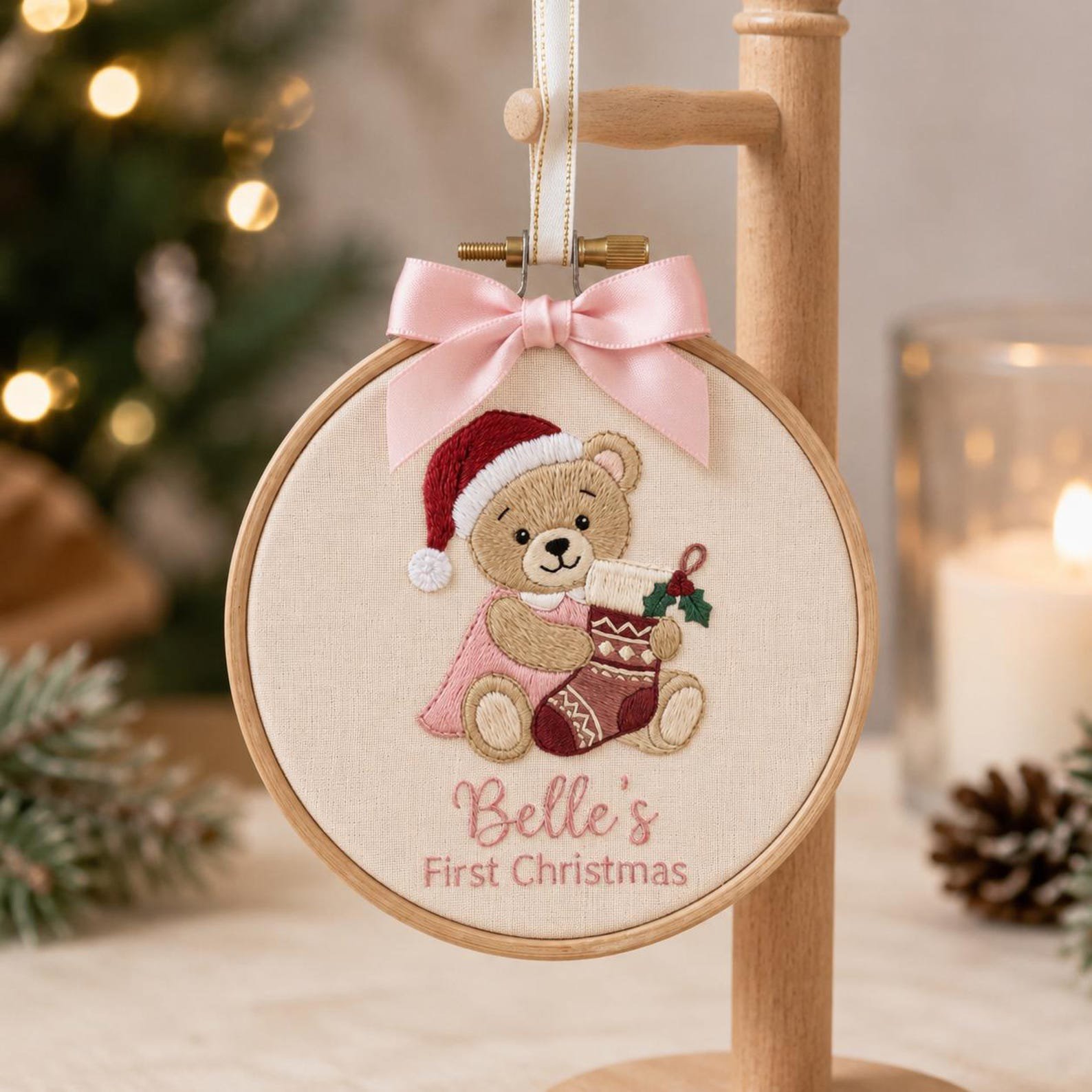 Personalized Baby First Christmas Ornament, Nursery Decor, Newborn Holiday Gift, Embroidered Teddy Bear Hoop, Custom Name Keepsake 3