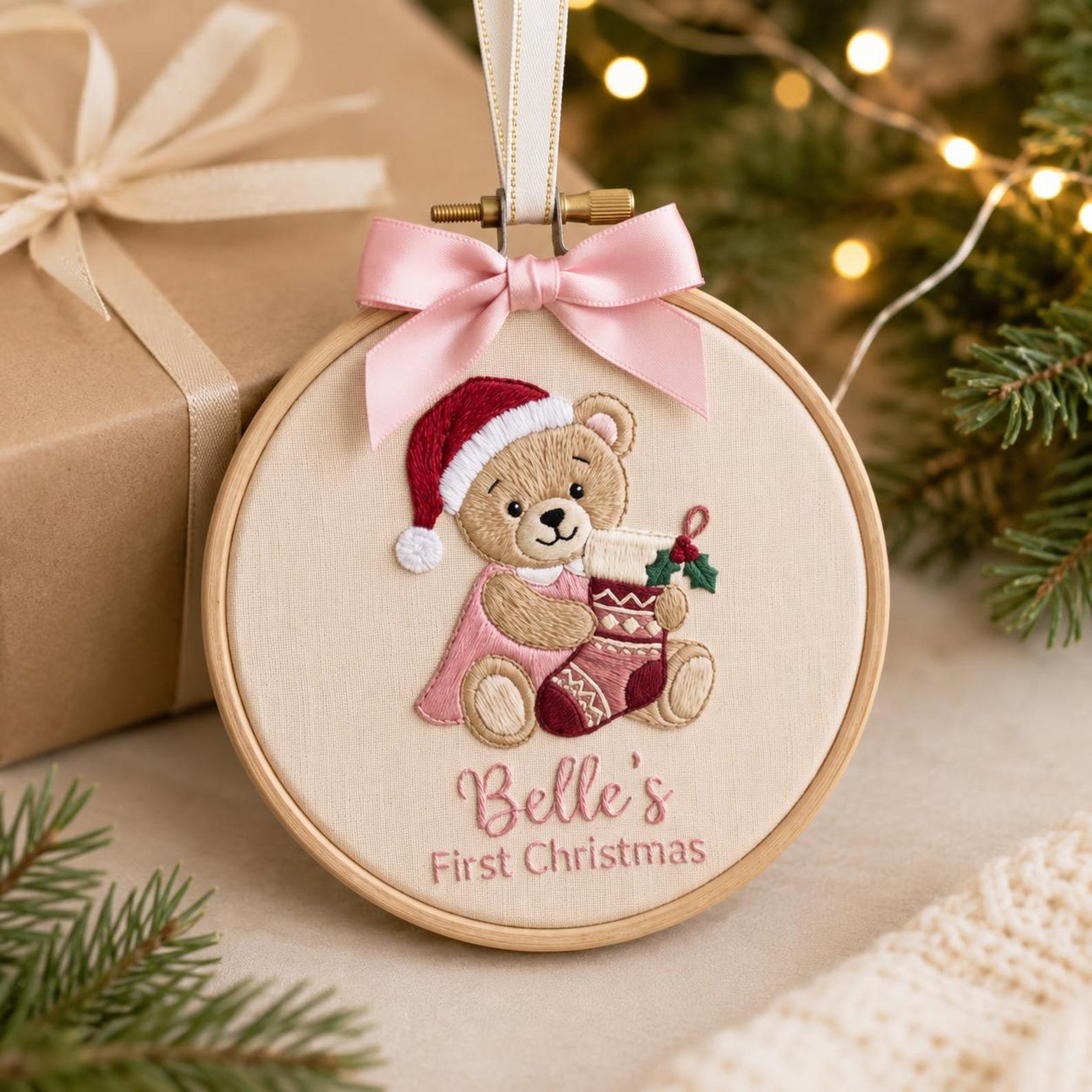 Personalized Baby First Christmas Ornament, Nursery Decor, Newborn Holiday Gift, Embroidered Teddy Bear Hoop, Custom Name Keepsake 4