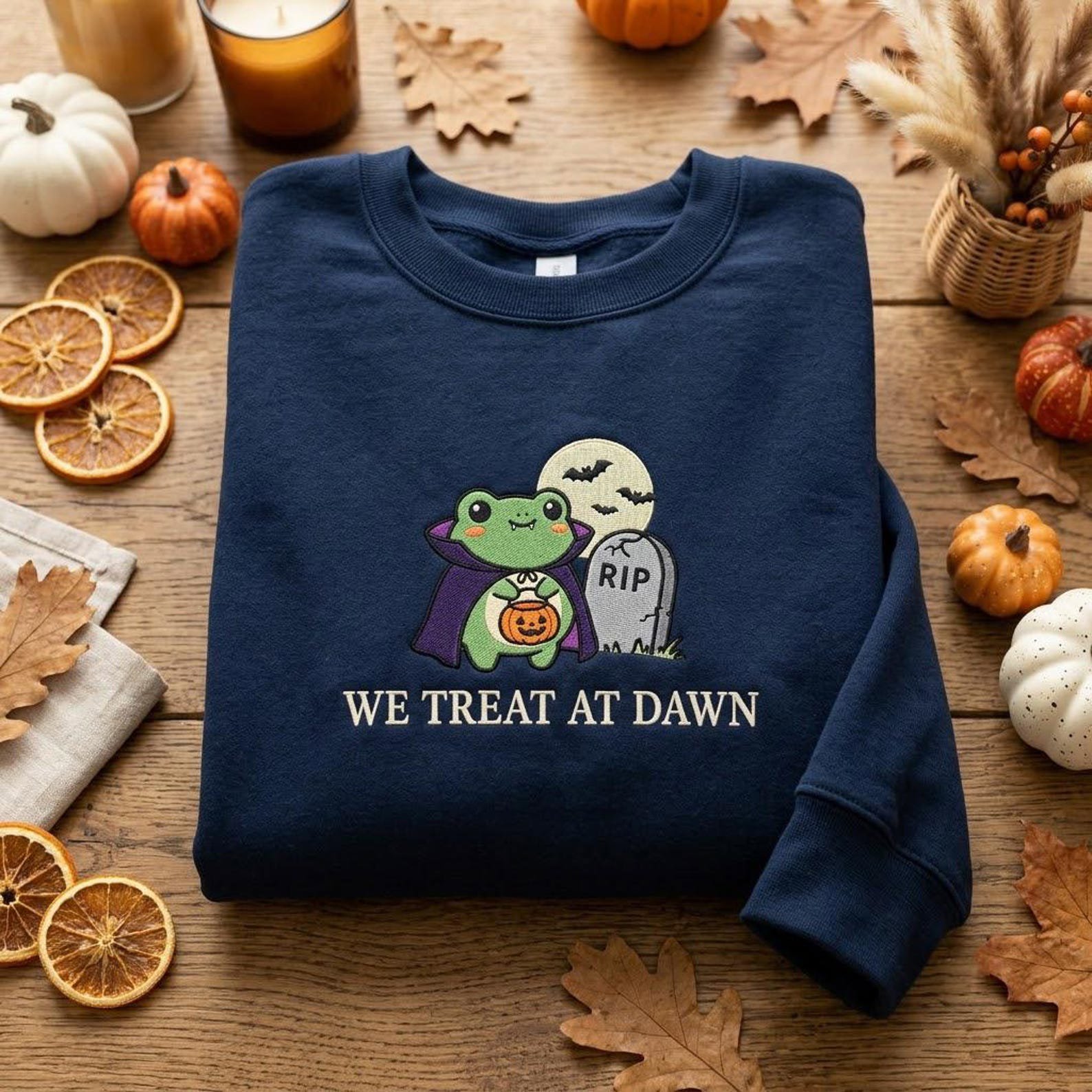 Cute Vampire Frog Embroidered Crewneck, We Treat at Dawn Halloween Sweatshirt, Spooky Trick or Treat Gift, Cozy Autumn Outfit Idea 2