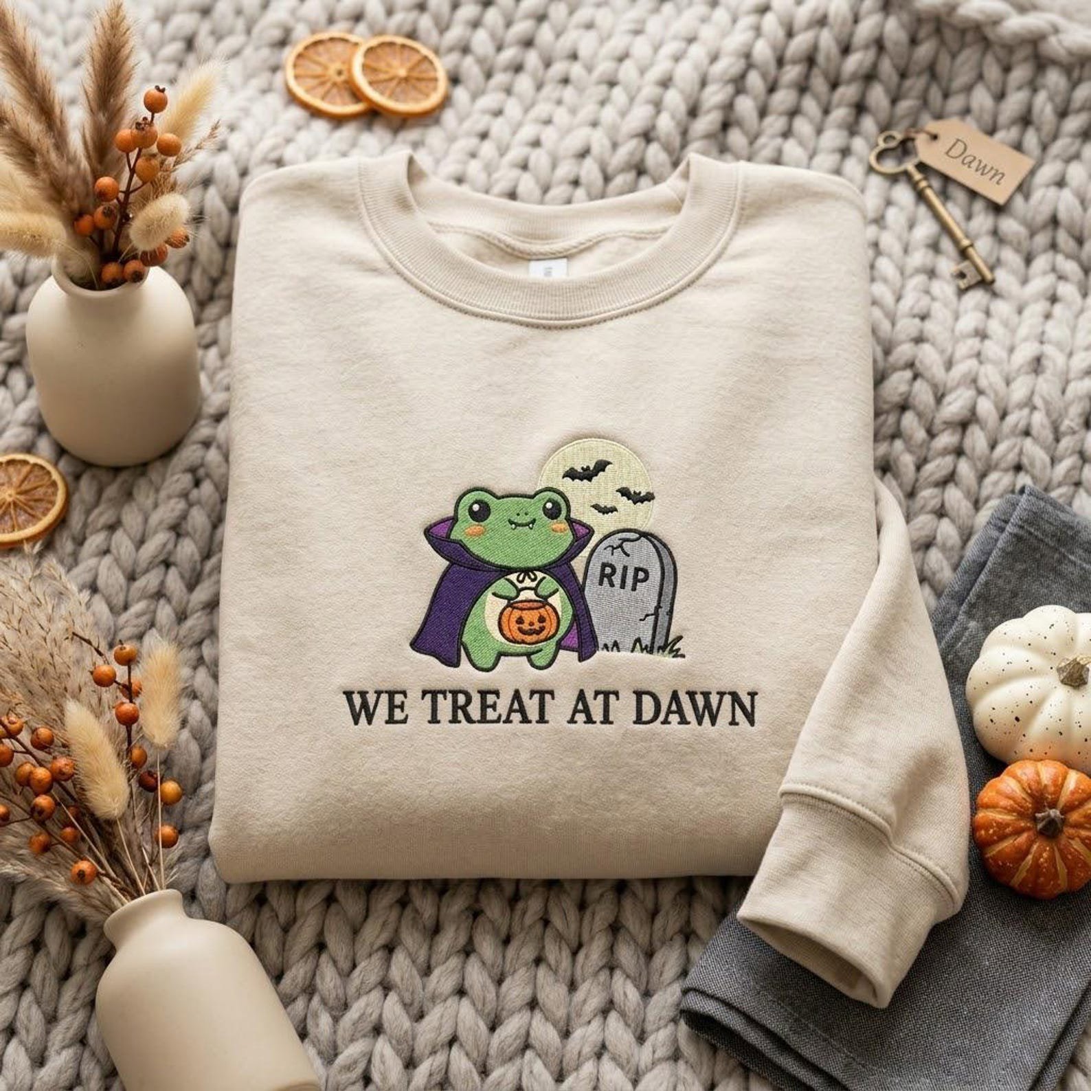 Cute Vampire Frog Embroidered Crewneck, We Treat at Dawn Halloween Sweatshirt, Spooky Trick or Treat Gift, Cozy Autumn Outfit Idea 3