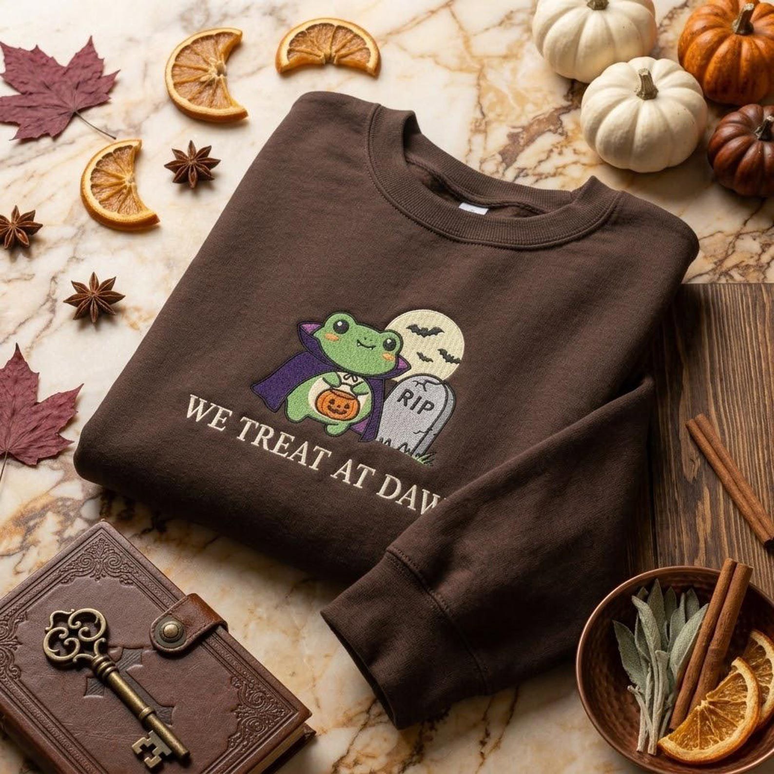 Cute Vampire Frog Embroidered Crewneck, We Treat at Dawn Halloween Sweatshirt, Spooky Trick or Treat Gift, Cozy Autumn Outfit Idea 5