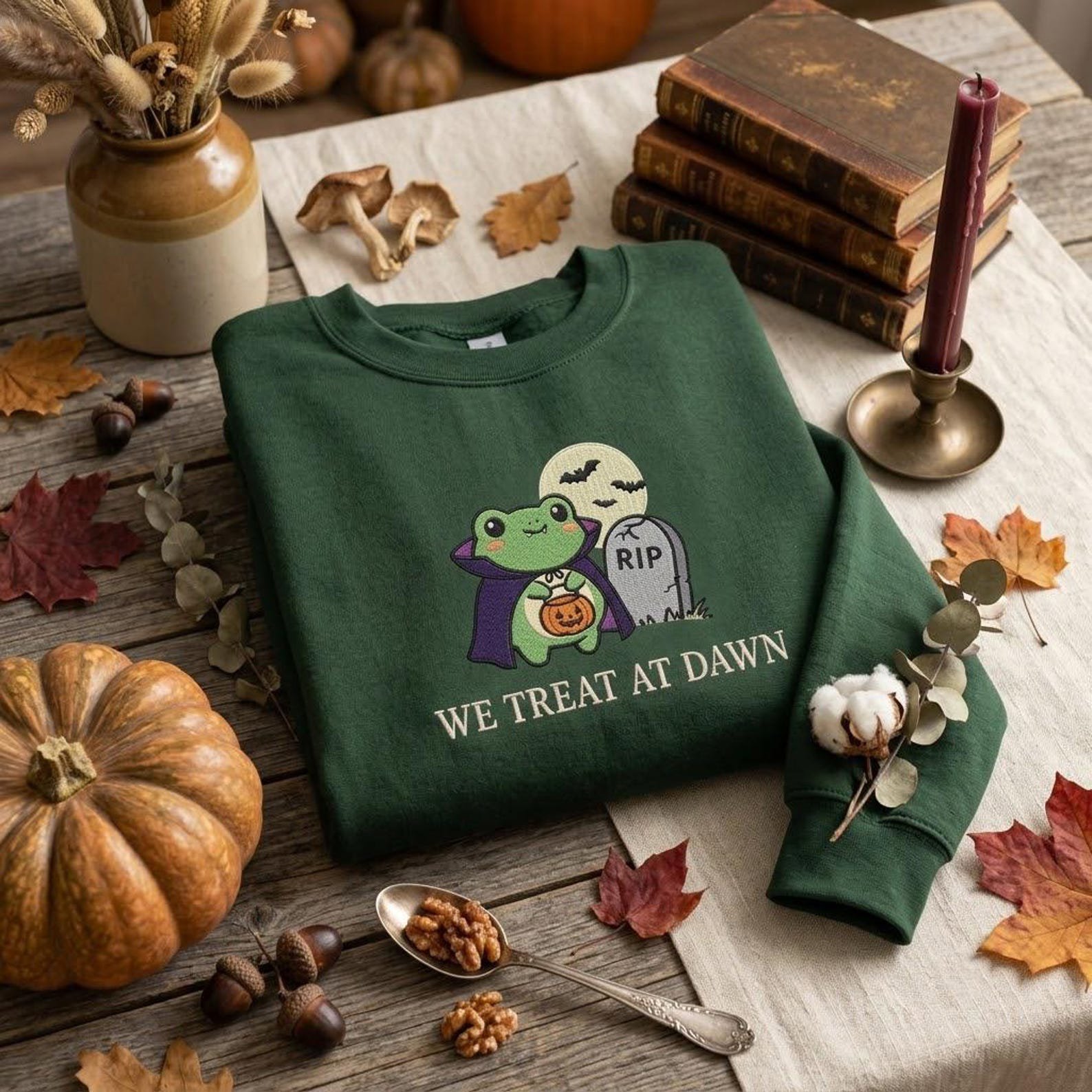 Cute Vampire Frog Embroidered Crewneck, We Treat at Dawn Halloween Sweatshirt, Spooky Trick or Treat Gift, Cozy Autumn Outfit Idea 4