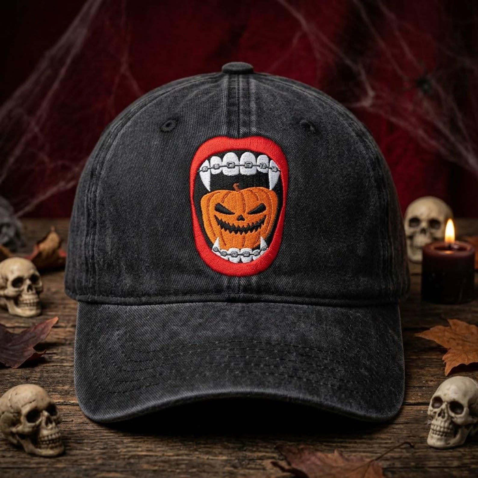 Halloween Vampire Pumpkin Washed Hat, Embroidered Gothic Dad Cap, Jack O Lantern Baseball Hat, Spooky Season Gift, Horror Style Gift 2