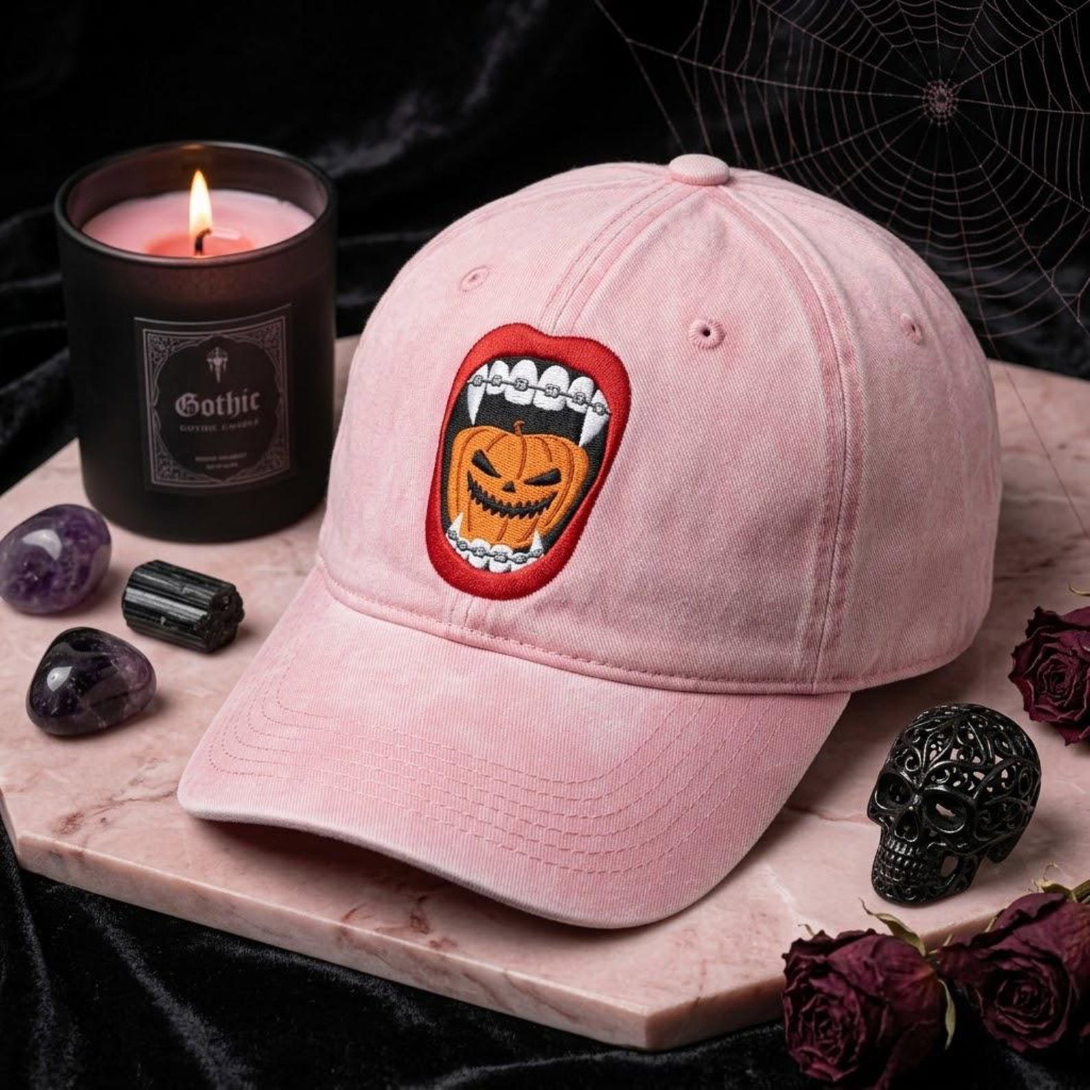 Halloween Vampire Pumpkin Washed Hat, Embroidered Gothic Dad Cap, Jack O Lantern Baseball Hat, Spooky Season Gift, Horror Style Gift 3