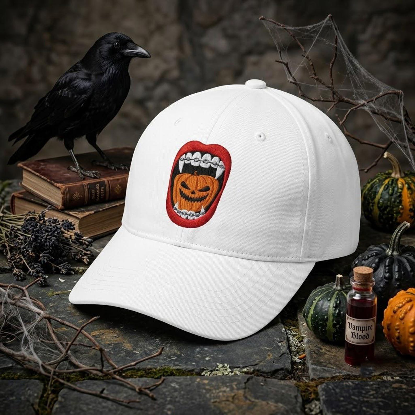 Halloween Vampire Pumpkin Washed Hat, Embroidered Gothic Dad Cap, Jack O Lantern Baseball Hat, Spooky Season Gift, Horror Style Gift 4