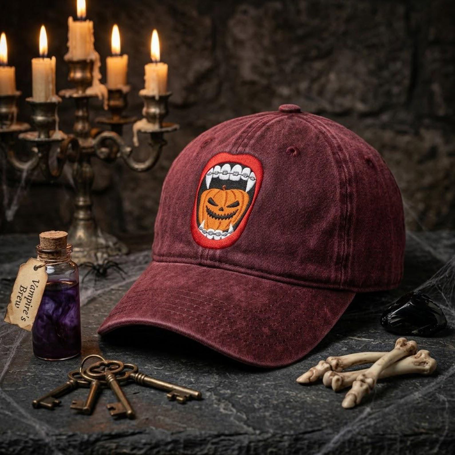 Halloween Vampire Pumpkin Washed Hat, Embroidered Gothic Dad Cap, Jack O Lantern Baseball Hat, Spooky Season Gift, Horror Style Gift 5