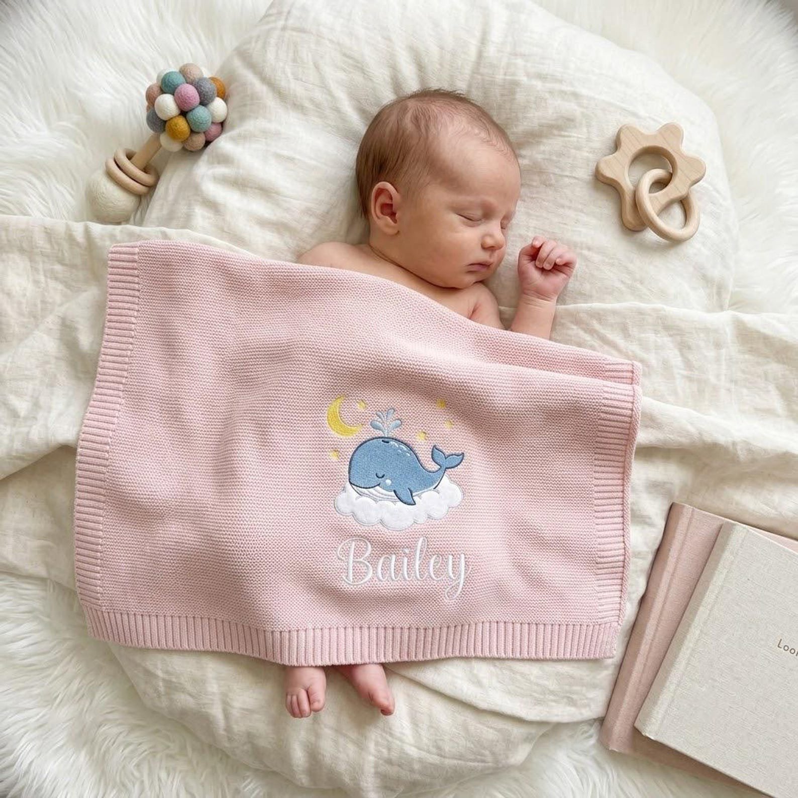 Embroidered Baby Blanket, Personalized Whale and Name Design, Custom Nursery Keepsake, Newborn Gift, Thoughtful Baby Shower Present 1