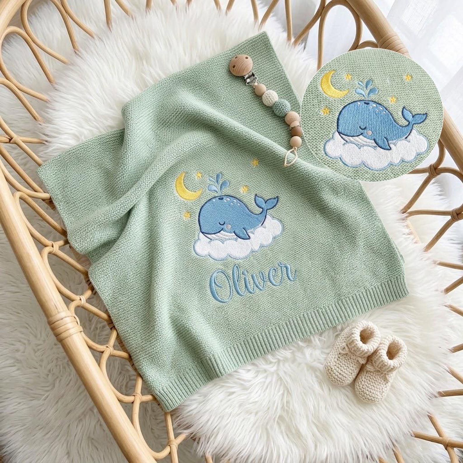 Embroidered Baby Blanket, Personalized Whale and Name Design, Custom Nursery Keepsake, Newborn Gift, Thoughtful Baby Shower Present 4