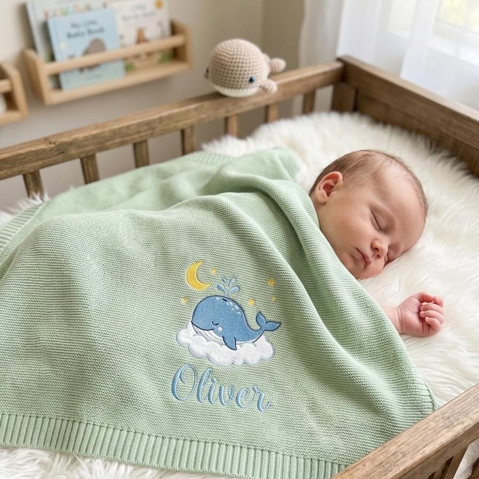 Embroidered Baby Blanket, Personalized Whale and Name Design, Custom Nursery Keepsake, Newborn Gift, Thoughtful Baby Shower Present 7